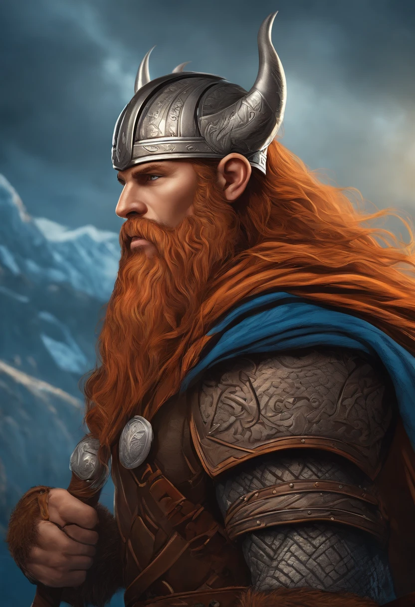 viking forte, bebendo uma cerveja, corpo inteiro, Comic book style, vetor, Inspirado em Thor, carismatico, sem fundo, roupa azul e laranja, cabelo e barba loiro