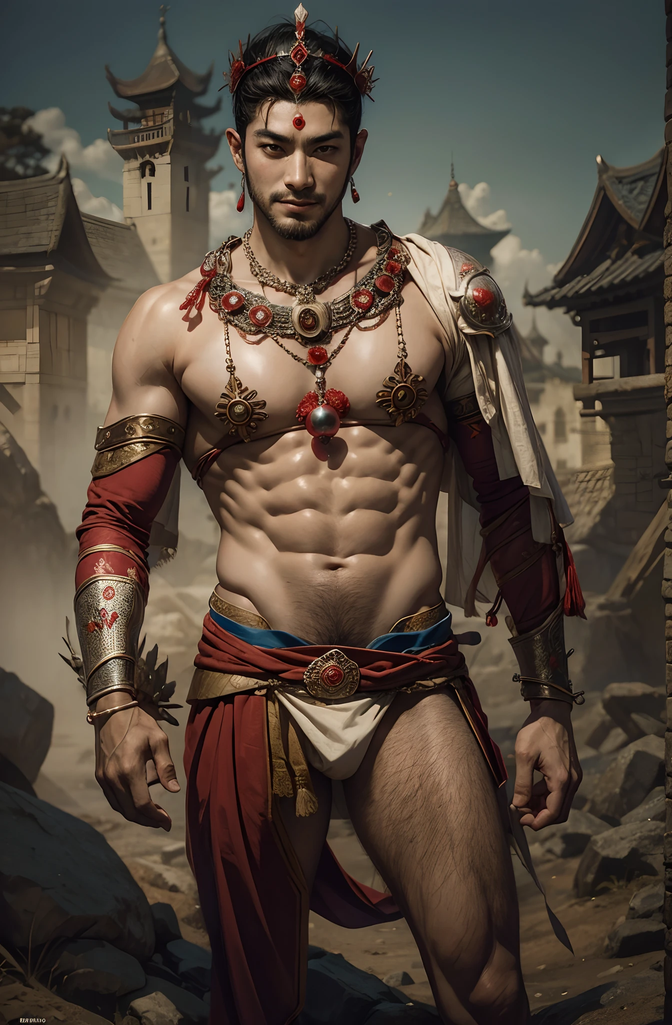Asian warrior prince wearing a red pearl crown, usando uma cueca transparente com um leve tecido vermelho com bastante volume, mischievous expression on his face with a sideways smile, Era medieval, ao fundo uma floresta medieval, corpo suado, Asian warrior in the medieval era, detalhado, usando apenas uma cueca transparente, cueca fio dental, medieval, using only a tiny floss,