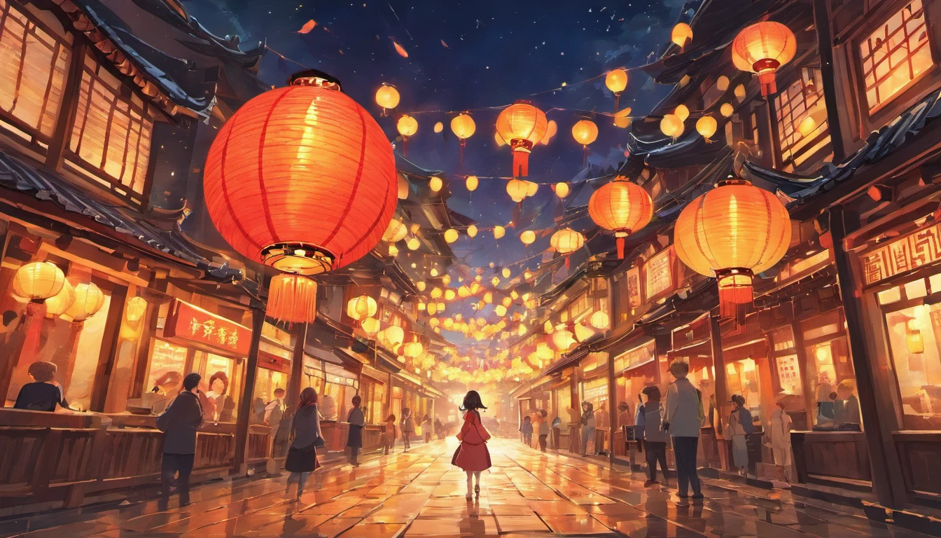 New Year，Chinese-style town，nigh sky，decorations，Hanging Chinese lanterns，fire works