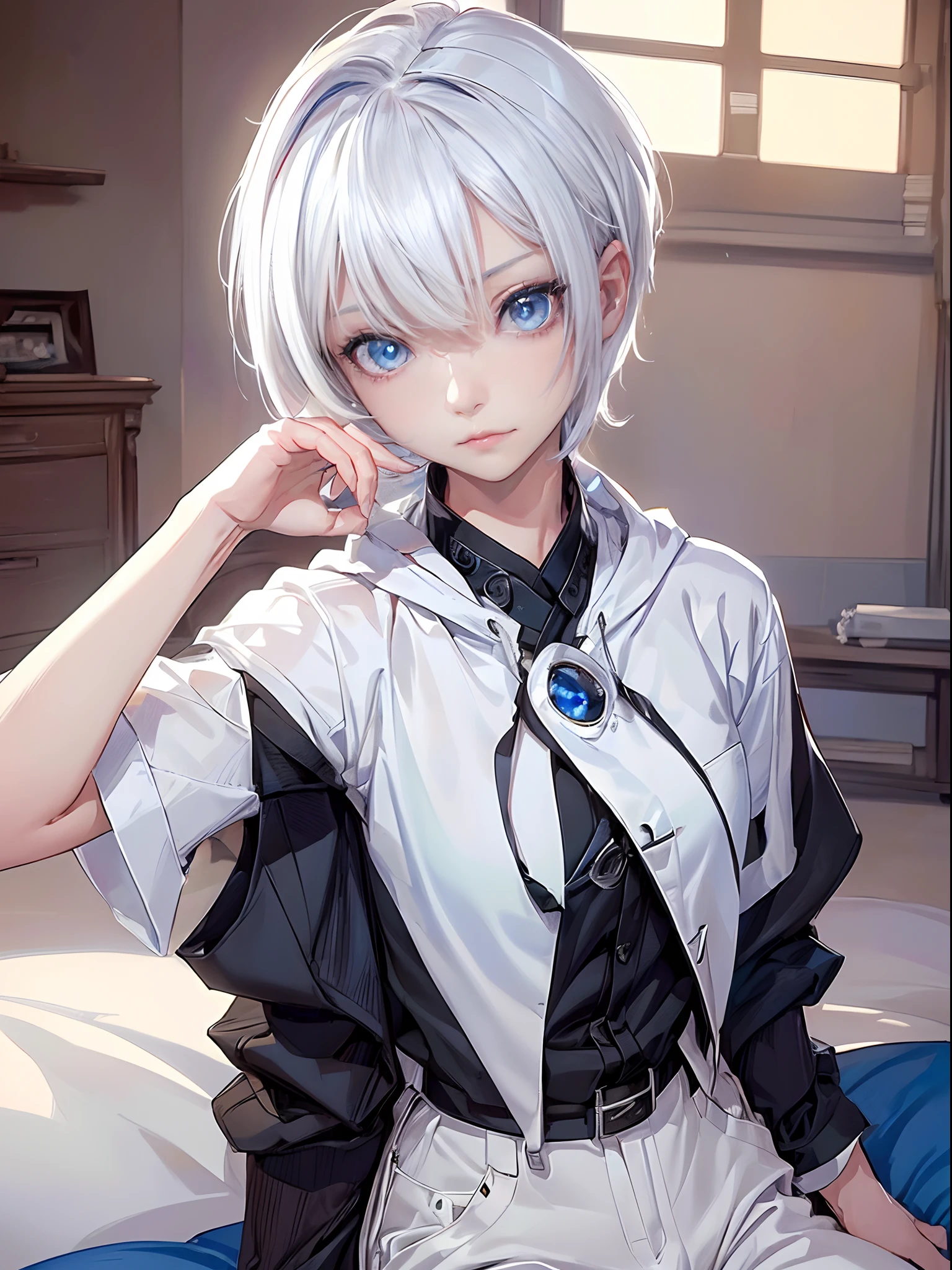 ((4K works))、masterpiece、(top-quality)、One Beautiful Girl、Slim body、tall、((Black Y-shirt and white pants、Charming street style))、Please wear one jacket、Wearing a hood、(Detailed beautiful eyes)、Morning City、((Bedroom))、Fantasy bedroom inhabited by aristocrats、Black bedroom、Video call screen、((Face similar to Carly Rae Jepsen))、((Short-haired white hair))、((Smaller face))、((Neutral face))、((Bright blue eyes))、((American adult women))、((Adult female 26 years old))、((cool lady))、((Like a celebrity))、((Wild look))、((Korean Makeup))、((elongated and sharp eyes))、((Happy dating))、((boyish))、((Upper body photography))、Professional Photos、((Shot alone))、((She's on the futon))、((It's like making a video call with your audience))、((Sitting on a futon))、((Shot very close to the face))、((Face Close-up))