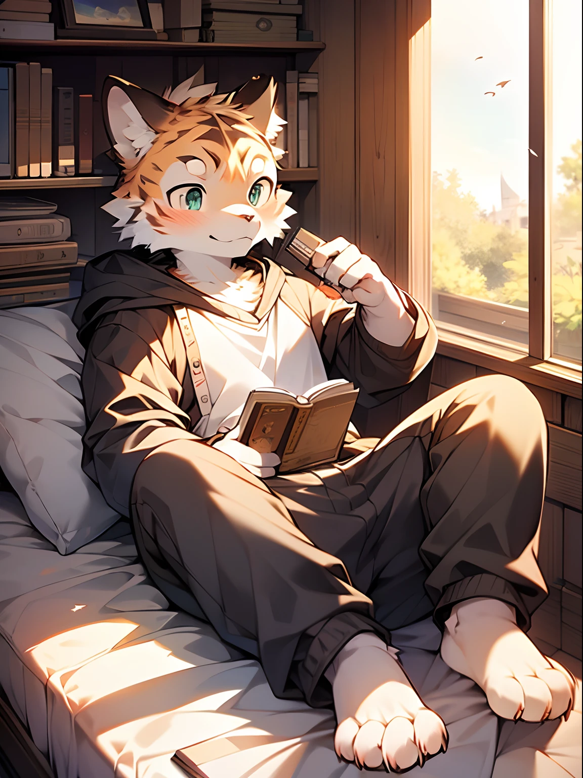 Masterpiece, Best quality, Perfect anatomy, author：K0bit0wani, author：Milk Tiger 1145, (author：Dekkers:0.3), Furry, coyote, Solo, Male, baggy clothes, Open clothes, Eau, Abs, medium bulge, holding book, Detailed background, music sheets, Leaning back, Butterfly, Grass，Shota，Libido boy