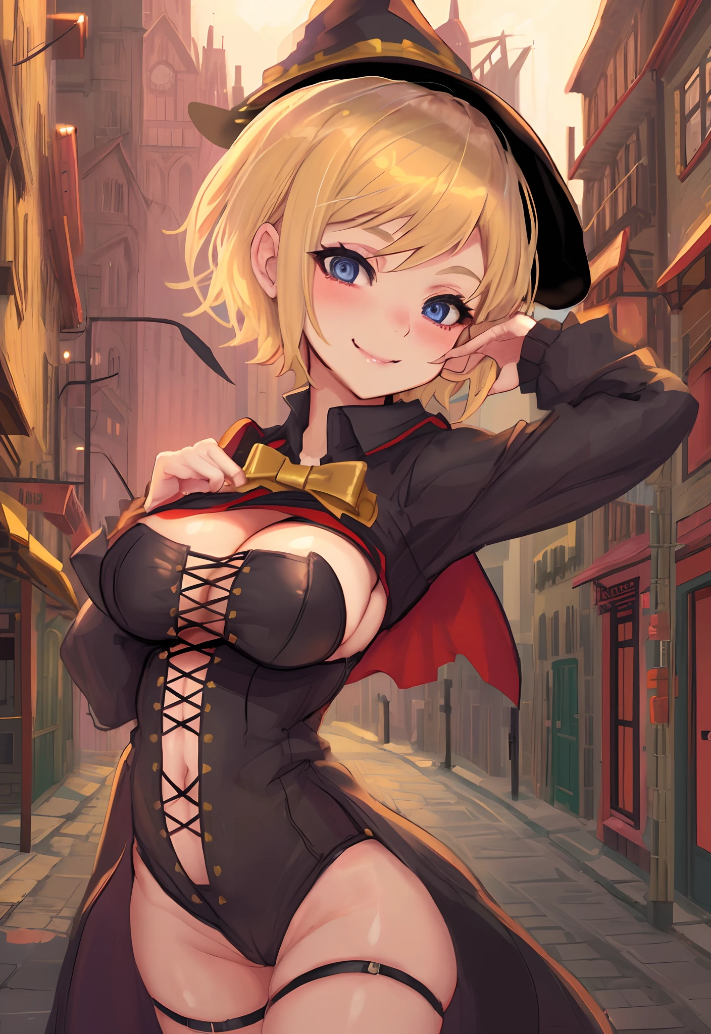 Short girl, short blond hair, witch cosplay, beautiful detailed eyes, skinny, kinky low smile, street background, lifting chest, big breasts, Cleavage, witch hat, bouncing breasts, v hands pose, no nsfw