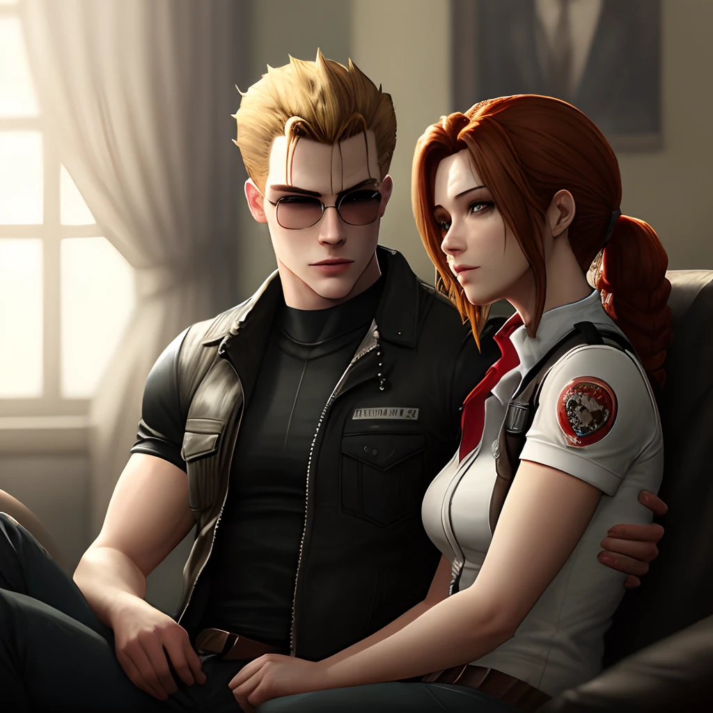 Claire Redfield wearing dress and Leon Kennedy in a suit. Claire and Leon dancing