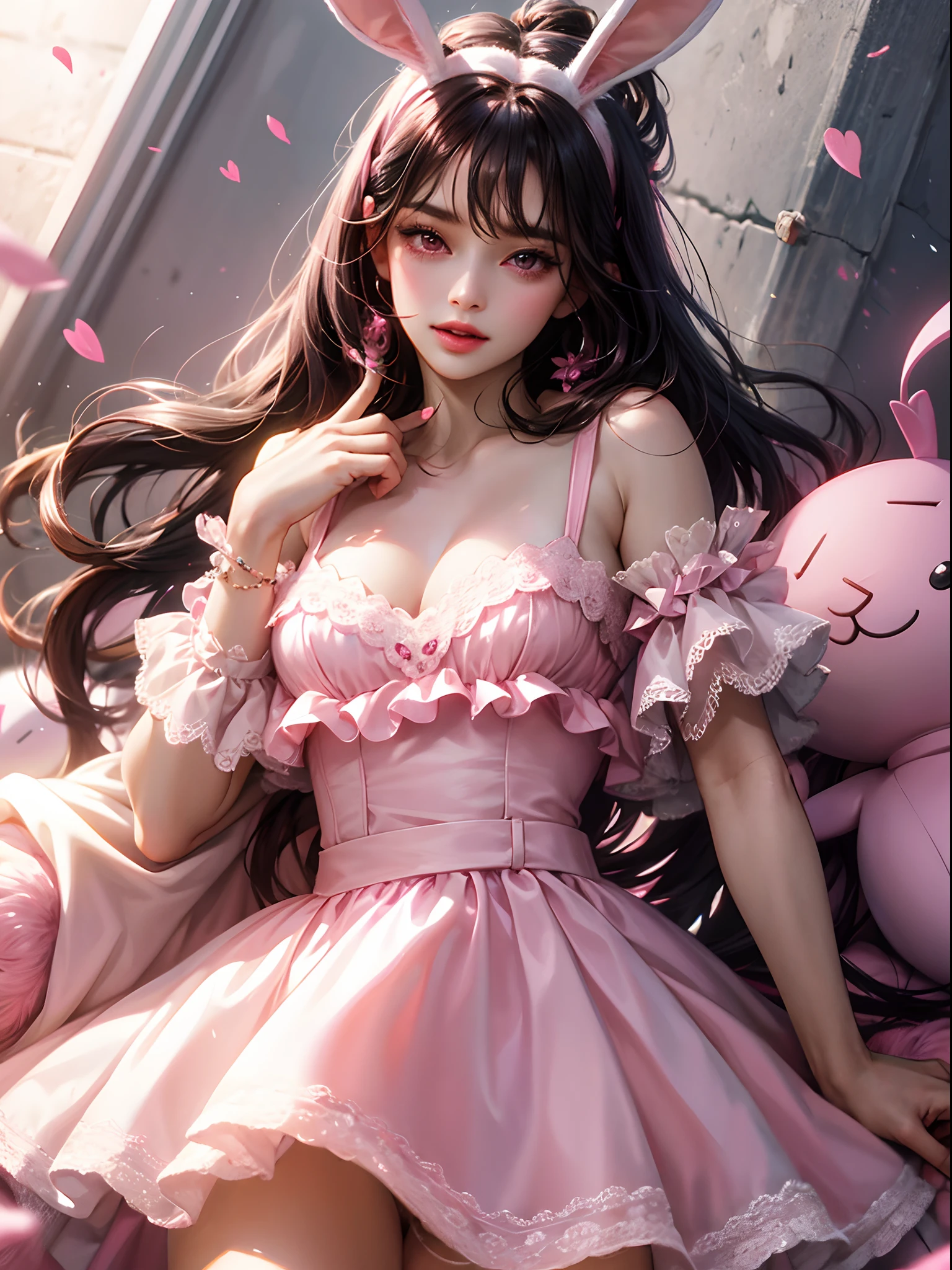 a women, pink bunny ears, black hair, pink eyes, pink dress