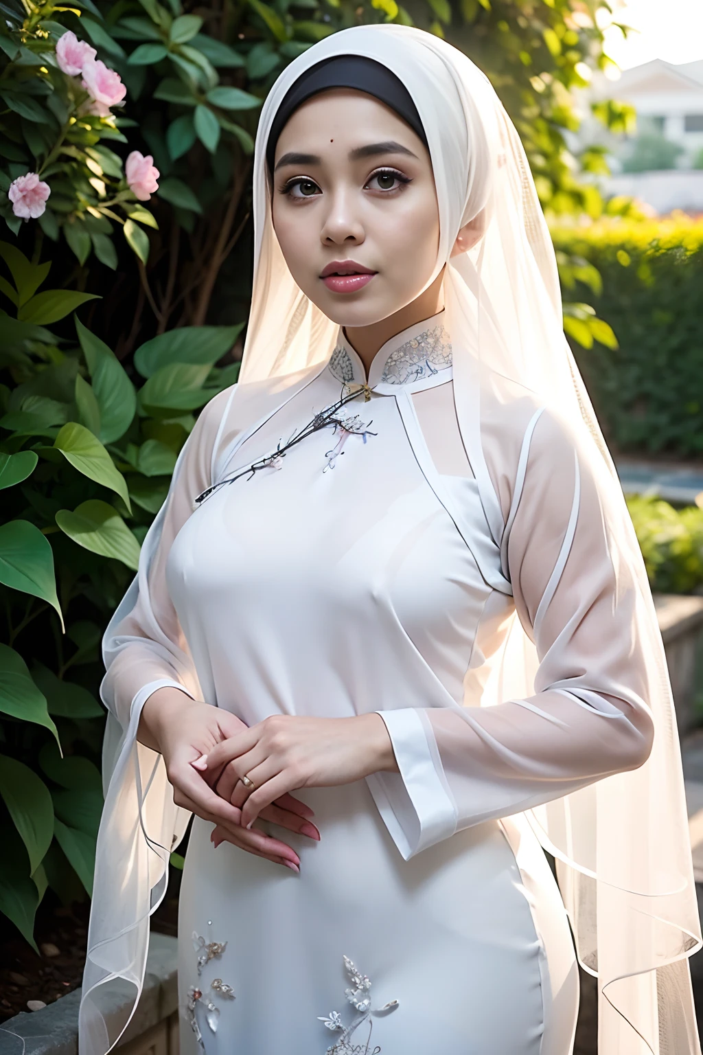 1 malay girl , modern plain hijab, shy, medium portrait shot , watery eyes ,glossy lips, big eyes, ((wearing white sheer ao dai )),big breast,soft smile, flower, garden, bokeh background, proportional body,