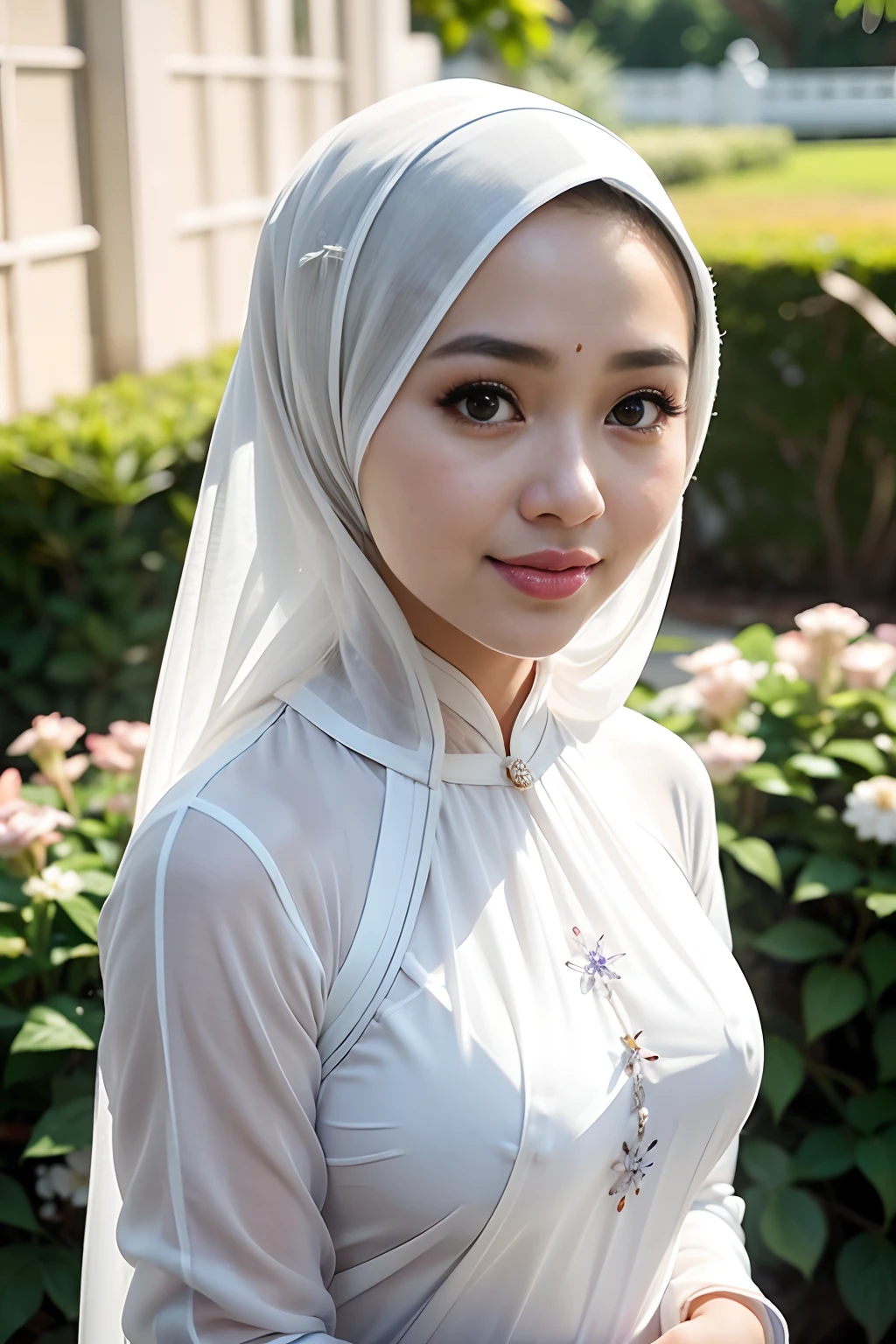 ((best quality)), ((masterpiece)), 2 girl, perfect face, indonesia, hijab, sharp nose, smile, half body, garden, selfie, wearing transparent Coat, small nipples. Undressing nude breasts and vagina, medium breasts, seducting look, lustfull smile, super calvages 