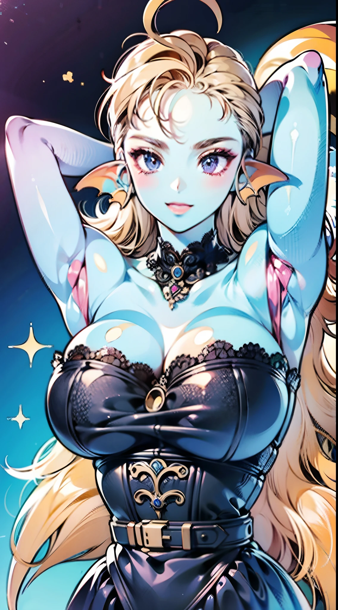 8K,High quality,Animated,married,Beautiful,Bright,Eye Highlights,Purple eyes,Sexy,ultra gigantic tits,oversized tits,Dark blue ,Erotic,beautiful line art. Blue skin, Blue and orange gradient fins, , Nothing on, Nothing on, Nothing on, , Arms up, You can see your armpits, Sultry and sweaty,fullnude、large udder、fullnude、