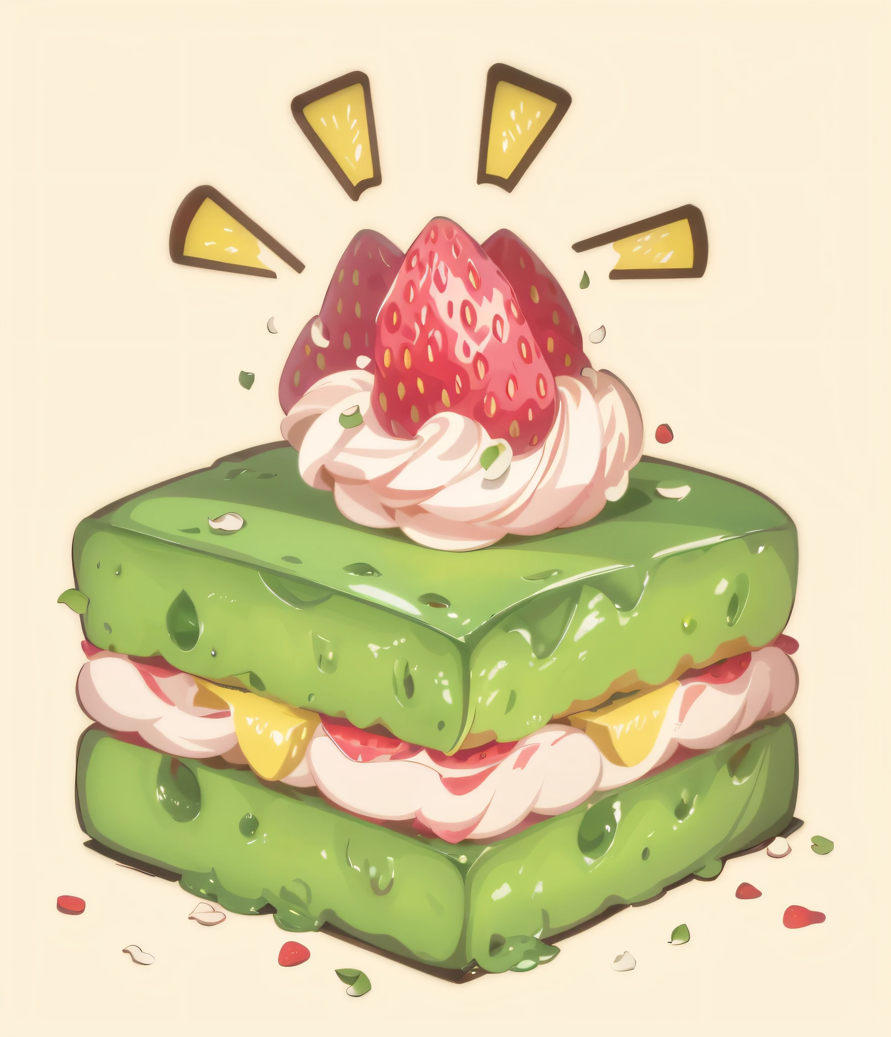 Square green cake,There is a strawberry on top,Rich in color,a color,vectorial,cream-colored,Sweet and delicious,, Cartoon image, Cartoon, film still from an cartoon, 1 9 6 0 cartoon style