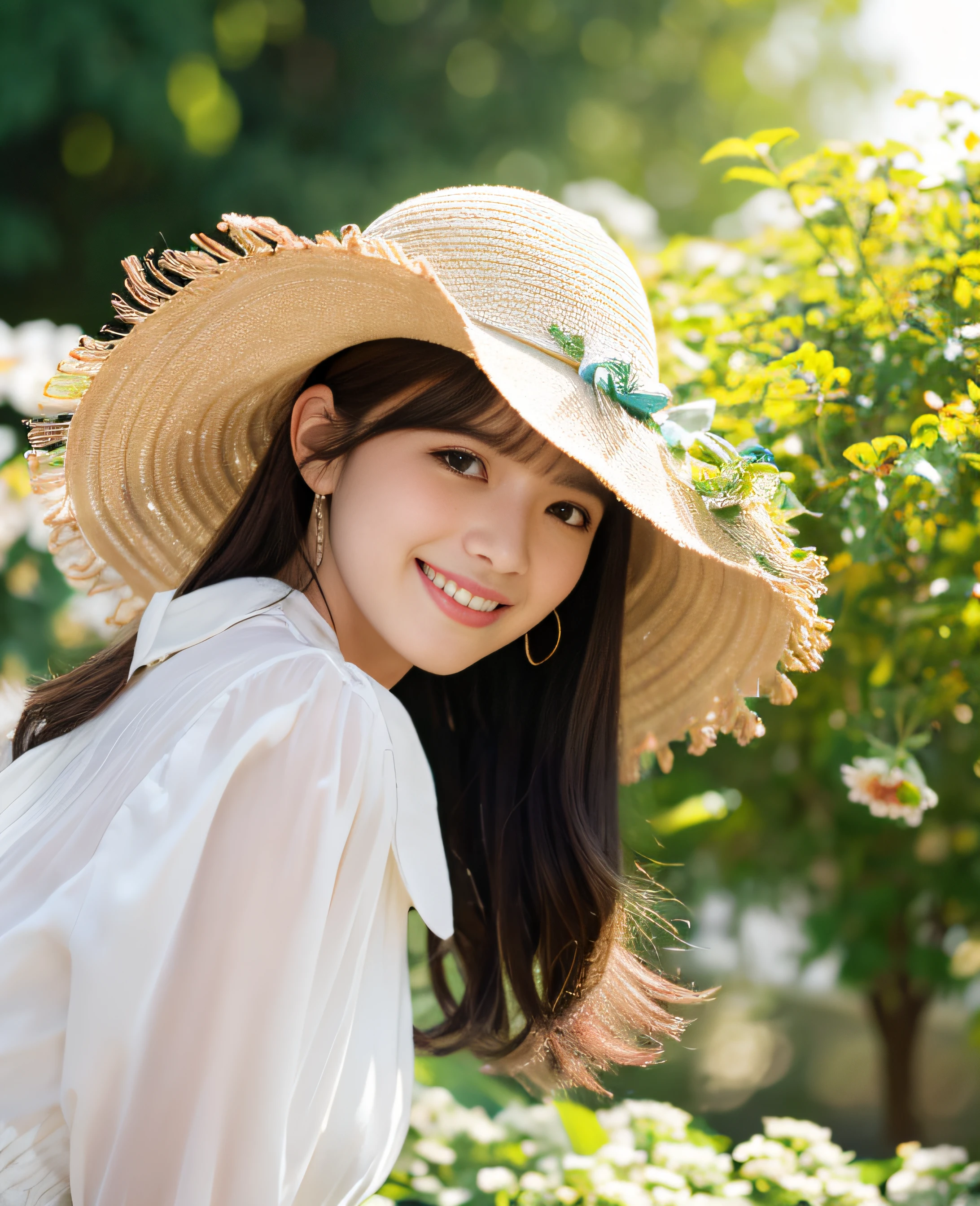 ((Masterpiece)), 8k, Masterpiece, Highest quality, 1 girl, Solo, Real, Garden, Photorealistic, Super detailed, Detailed background, (Solo: 1.4), Super high resolution full body figure, Front facing, Happy facial expression, slender figure, realistic and highly detailed hair, intricate details, masterpiece, top quality, standing, outdoor, (white hat: 1.2), (big hat: 1.2), sitting, white chair, white table, (garden), dynamic light, quiet, calm, smile, side view, profile, looking at the viewer, earrings, long straight black hair, asymmetrical bangs, cute bangs , nature chest, half hair, super high resolution background, (eye details), (face details), (clothing details), (super high resolution),