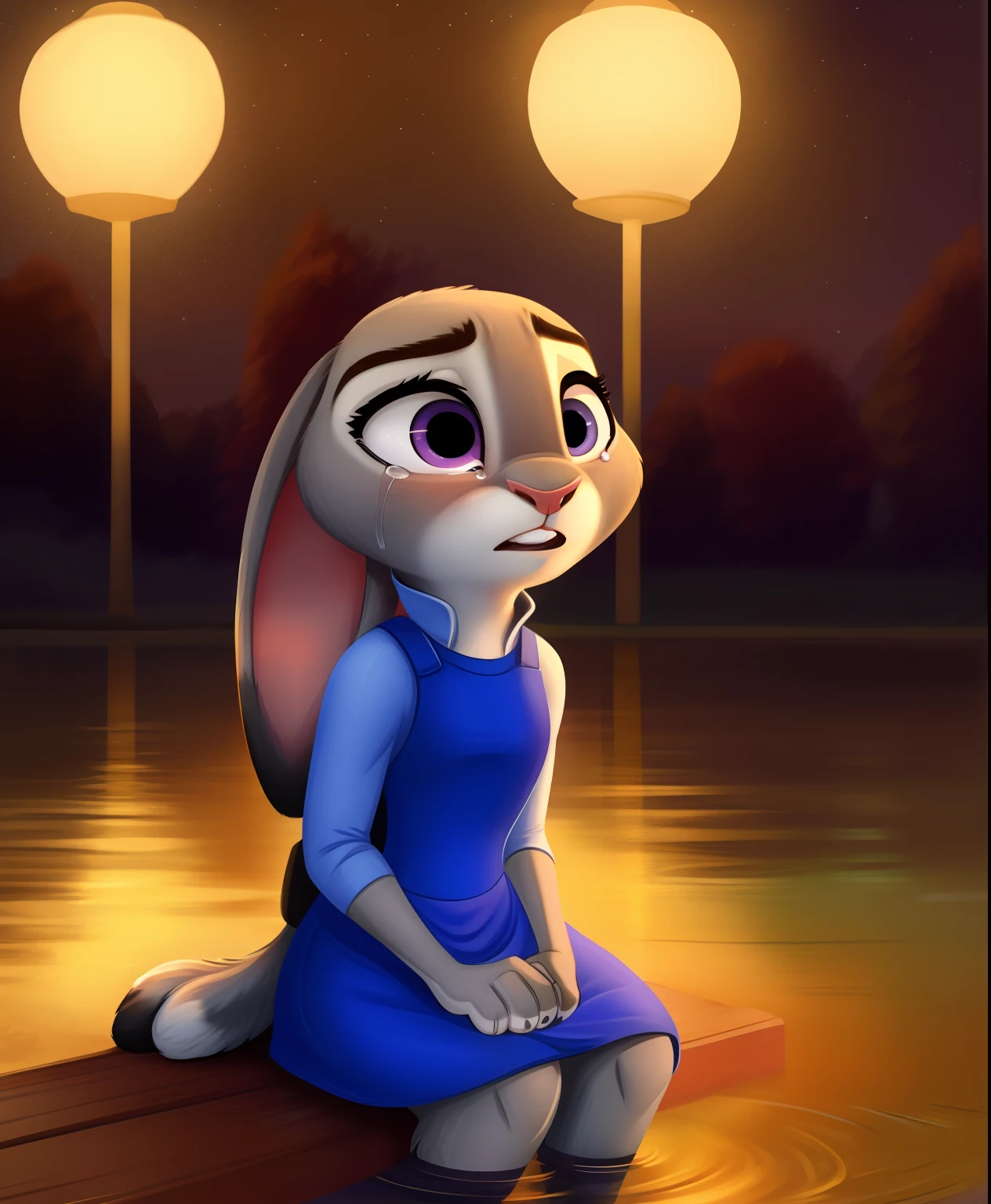 Judy Hopps crying and sitting in the lake forest at night time, puppy eyes, tears, pink heart dress, white long gloves