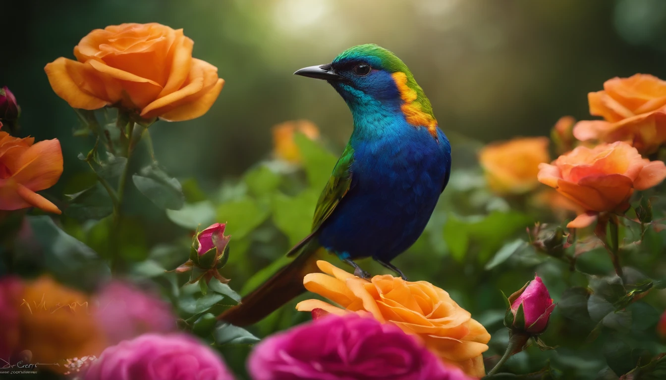 "A beautiful flowery field, com flores e rosas coloridas diamantes, crystal water, Sustainable homes in nature, arte realista, alta qualidade, realismo, lindas cores, rosas diamantes, super detalhado, hiper realista, natureza brilhante, rosas detalhas, rosas brilhosas, flores brilhantes, natureza resplandecente, arte viva, Enchanting paradise, nuvens entre folhas, nuvens entre a natureza, magical birds, wings of shining birds, cores naturais, pedras preciosas verdes, diamantes coloridos nas flores, diamantes coloridos nas rosas, HD, 10K.”