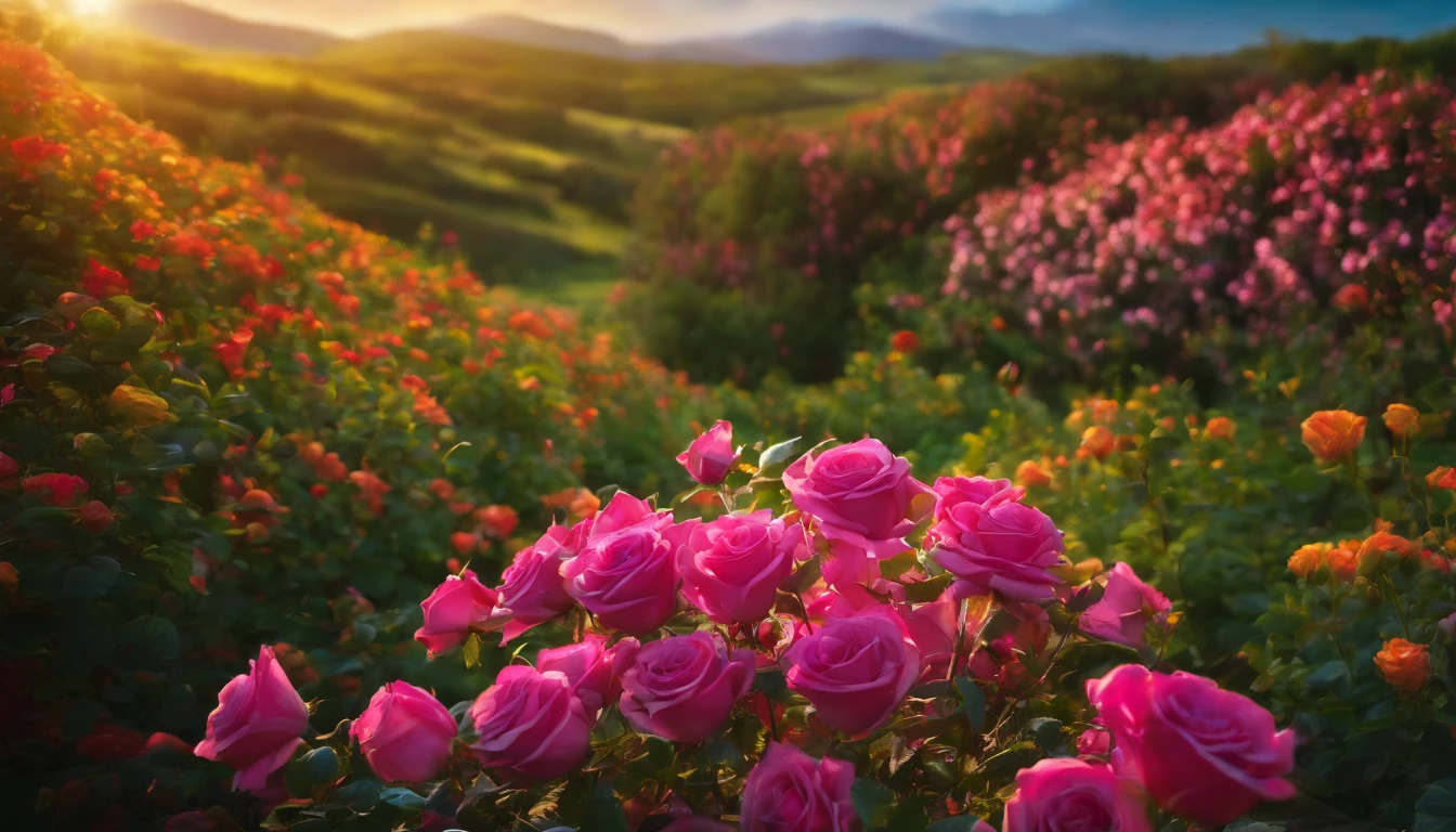 "A beautiful flowery field, com flores e rosas coloridas diamantes, crystal water, Sustainable homes in nature, arte realista, alta qualidade, realismo, lindas cores, rosas diamantes, super detalhado, hiper realista, natureza brilhante, rosas detalhas, rosas brilhosas, flores brilhantes, natureza resplandecente, arte viva, Enchanting paradise, nuvens entre folhas, nuvens entre a natureza, magical birds, wings of shining birds, cores naturais, pedras preciosas verdes, diamantes coloridos nas flores, diamantes coloridos nas rosas, HD, 10K.”