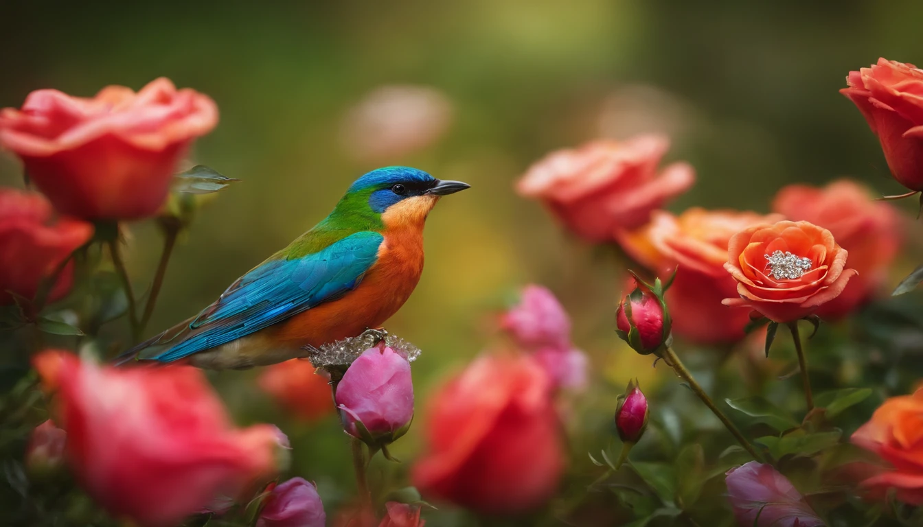 "A beautiful flowery field, com flores e rosas coloridas diamantes, crystal water, Sustainable homes in nature, arte realista, alta qualidade, realismo, lindas cores, rosas diamantes, super detalhado, hiper realista, natureza brilhante, rosas detalhas, rosas brilhosas, flores brilhantes, natureza resplandecente, arte viva, Enchanting paradise, nuvens entre folhas, nuvens entre a natureza, magical birds, wings of shining birds, cores naturais, pedras preciosas verdes, diamantes coloridos nas flores, diamantes coloridos nas rosas, HD, 10K.”