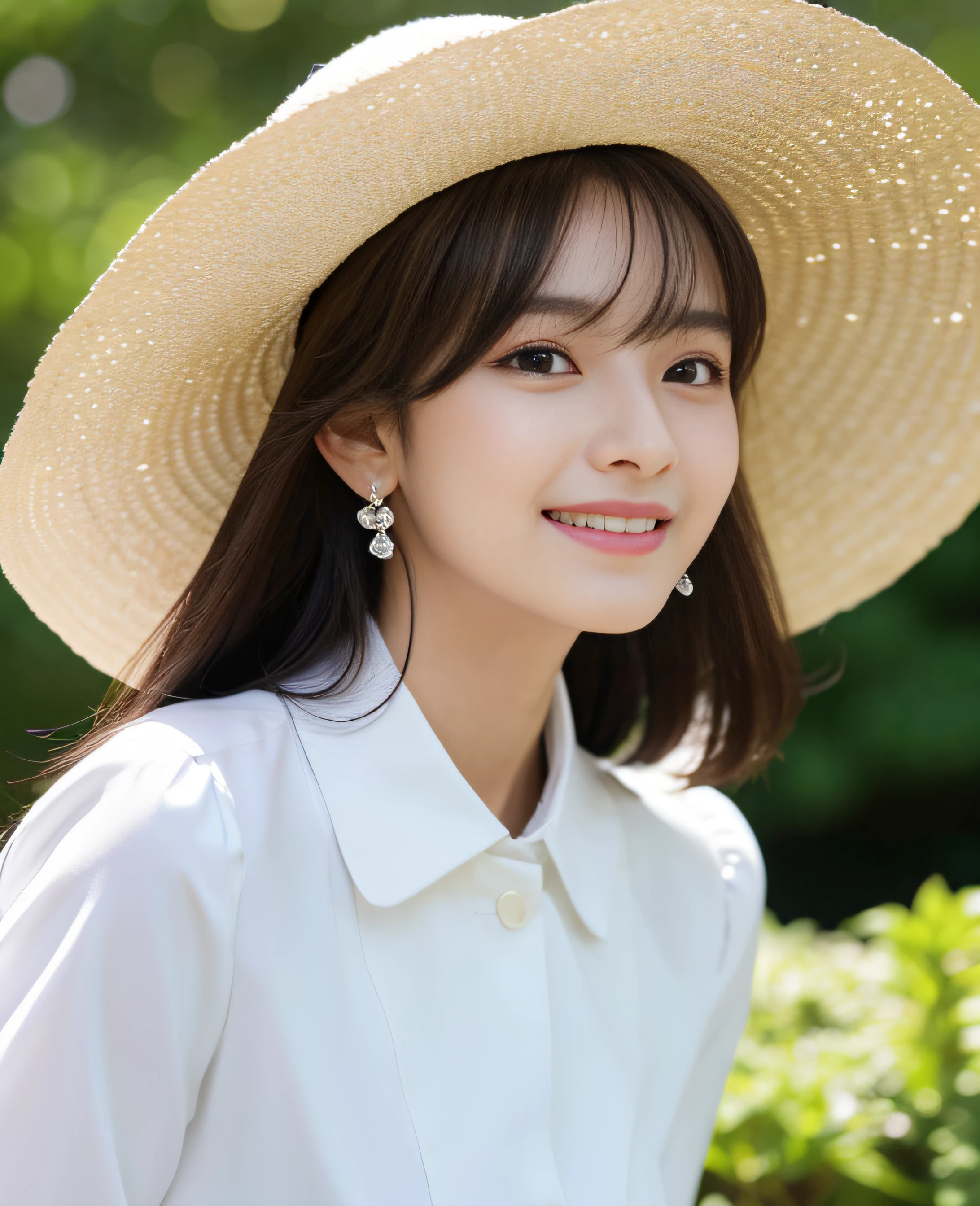 ((Masterpiece)), 8k, Masterpiece, Highest quality, 1 girl, Solo, Real, Garden, Photorealistic, Super detailed, Detailed background, (Solo: 1.4), Super high resolution full body figure, Front facing, Happy facial expression, slender figure, realistic and highly detailed hair, intricate details, masterpiece, top quality, standing, outdoor, (white hat: 1.2), (big hat: 1.2), sitting, white chair, white table, (garden), dynamic light, quiet, calm, smile, side view, profile, looking at the viewer, earrings, long straight black hair, asymmetrical bangs, cute baby bangs , nature chest, half hair, super high resolution background, (eye details), (face details), (clothing details), (super high resolution),