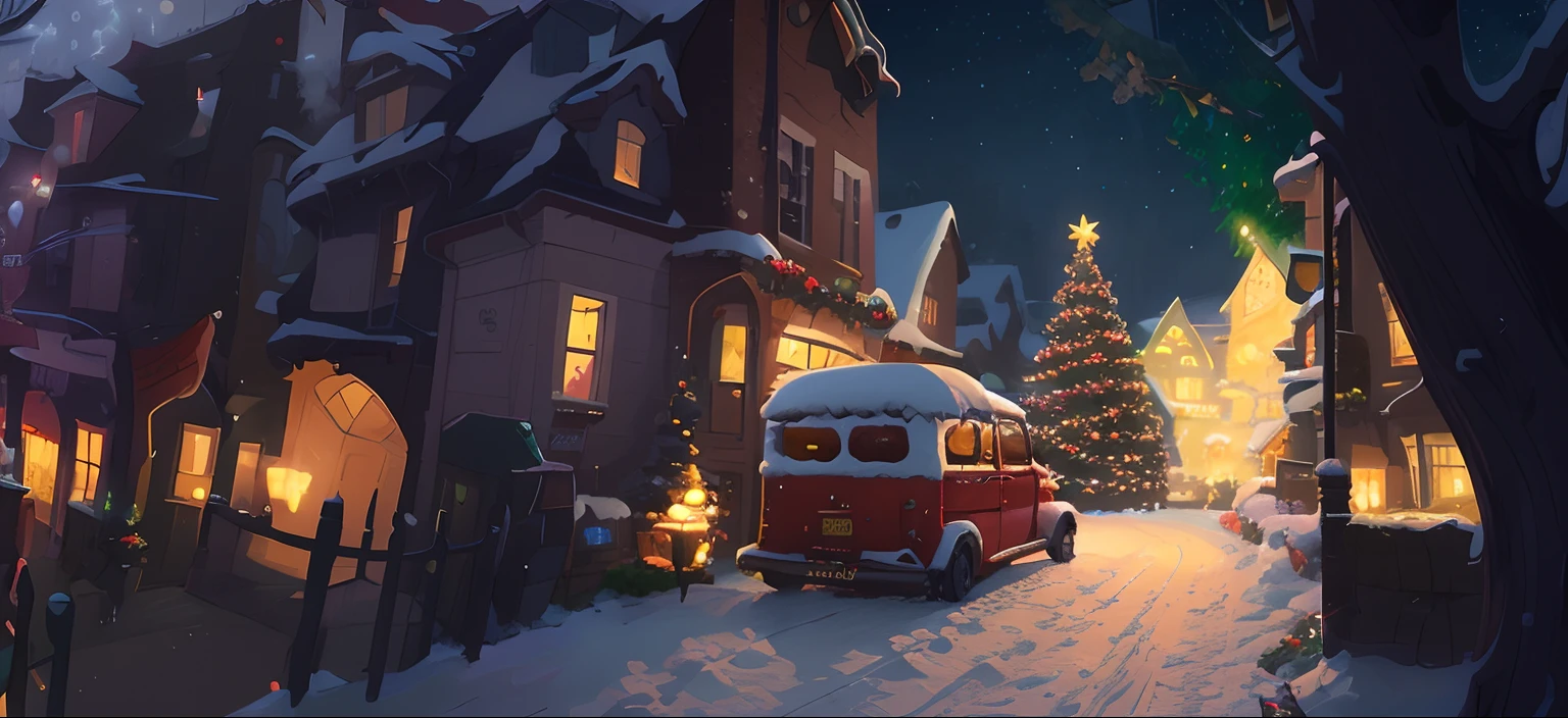 There was a car driving down the street in the snow, bussiere rutkowski andreas rocha, cozy wallpaper, Christmas evening, background artwork, Stylized digital illustration, author:Patrick Brown, snowy winter christmas night, kilian eng and thomas kinkade, Stylized concept art, Arte conceitual de inverno, 4k highly detailed digital art, author:Adrian Zingg,Cartoon European and American illustrations