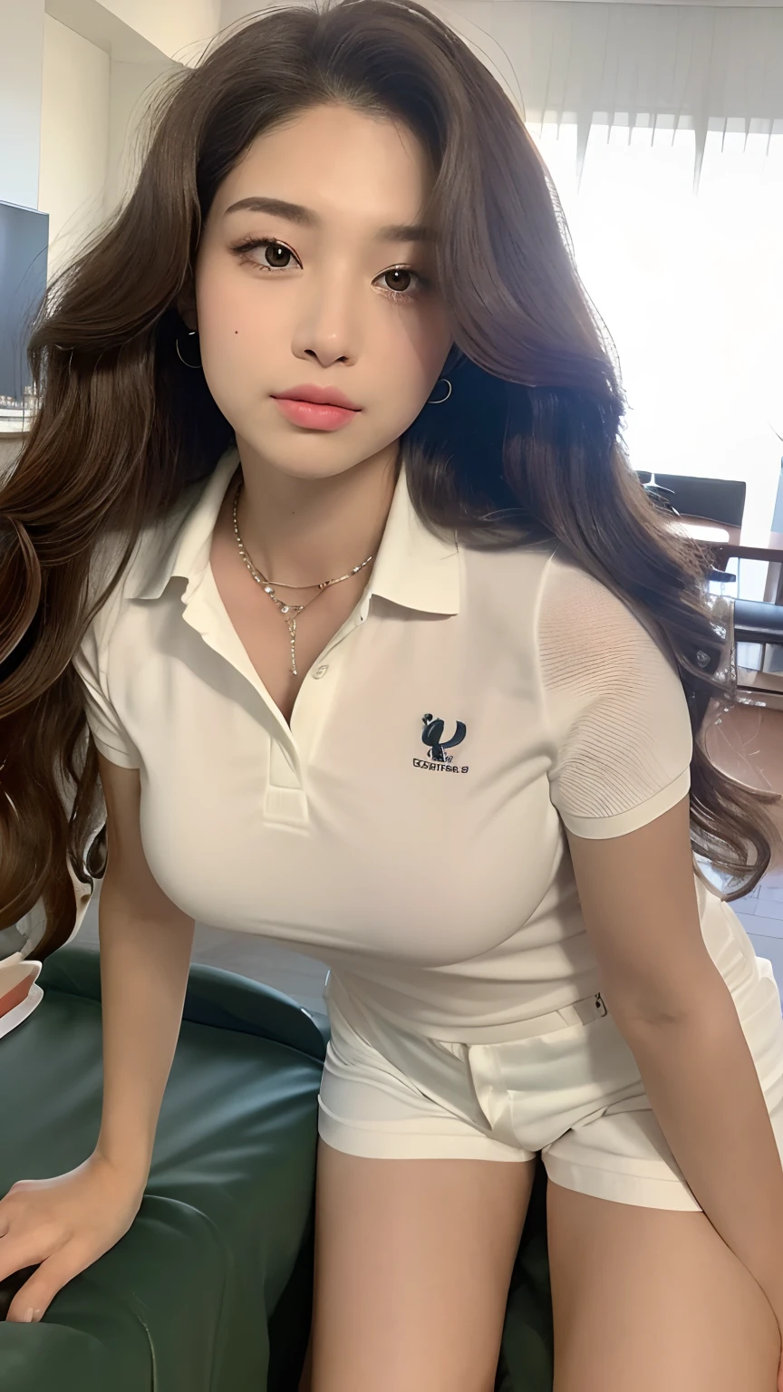 ((best qualtiy, 8K, tmasterpiece:1.3)), Focus:1.2, perfect figure beautiful woman:1.4, Cocked buttocks:1.2, ((Random Long Thick Hairstyle) ((Brown Wavy Hair In Big Curls))（Long white legs：1.3，(Polo shirt With Shorts:1.2) , (inside in room: 1.2), Highly detailed facial and skin texture, A detailed eye, 二重まぶた，Whiten skin，（Straight big breasts：1.3), looking at camera, Wear a necklace，