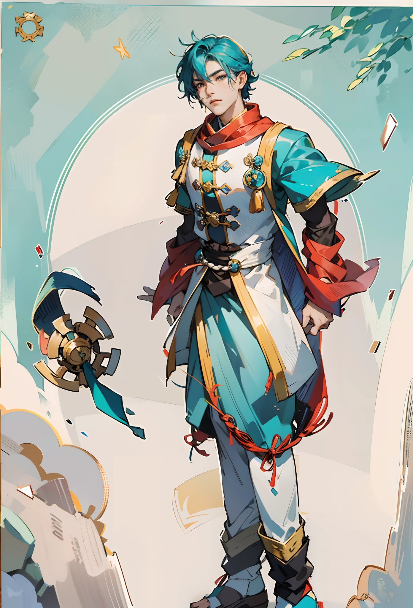 A young man with short aquamarine hair, sharp eyebrows, starry eyes, radiating a righteous aura, a two-piece fantasy wuxia-style outfit, featuring a traditional Chinese martial arts long gown, a wide overcoat, flowing sleeves, the color scheme is mainly red and white, with yellow as secondary colors, matching trousers, sturdy cloth boots, the background depicts a dreamy pattern of geometric symbols and stars, this character embodies a finely crafted fantasy-style Chinese martial hero in anime style, characterized by an exquisite and mature manga illustration art style, full body character drawing, high definition, best quality, highres, ultra-detailed, ultra-fine painting, extremely delicate, professional, anatomically correct, symmetrical face, extremely detailed eyes and face, high quality eyes, creativity, RAW photo, UHD, 8k, Natural light, cinematic lighting, masterpiece:1.5