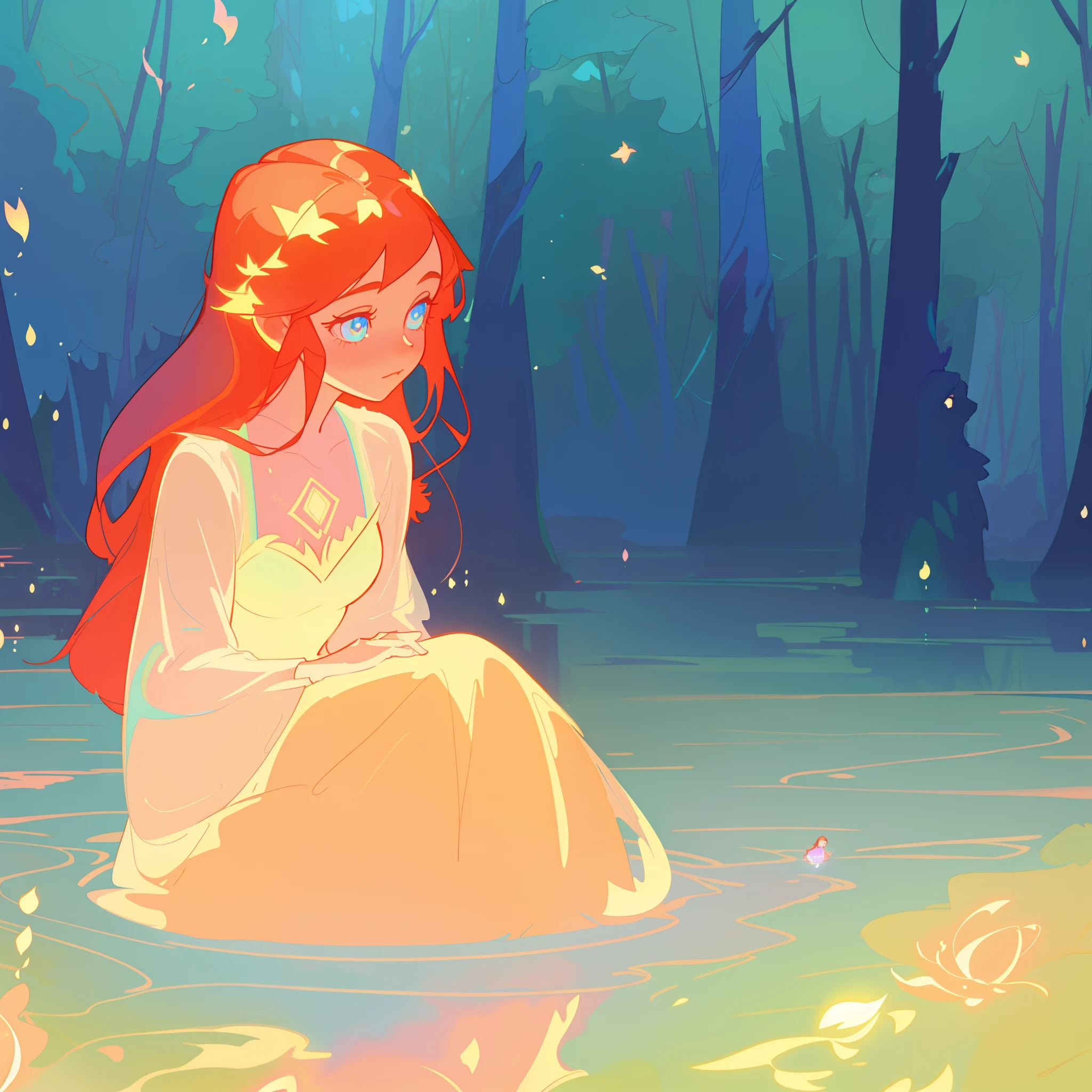 beautiful girl in simple white dress, long red hair, forest background, beautiful girl sitting in a river, forest landscape, nature, beautiful girl, beautiful face, vibrant pastel colors, (colorful), magical lights, sparkling lines of light, inspired by Glen Keane, inspired by Lois van Baarle, disney art style, by Lois van Baarle, glowing aura around her, by Glen Keane, jen bartel, glowing lights! digital painting, flowing glowing hair, glowing flowing hair, beautiful digital illustration, fantasia background, whimsical, magical, fantasy, beautiful face, ((masterpiece, best quality)), intricate details, highly detailed, sharp focus, 8k resolution, sparkling detailed eyes, liquid watercolor