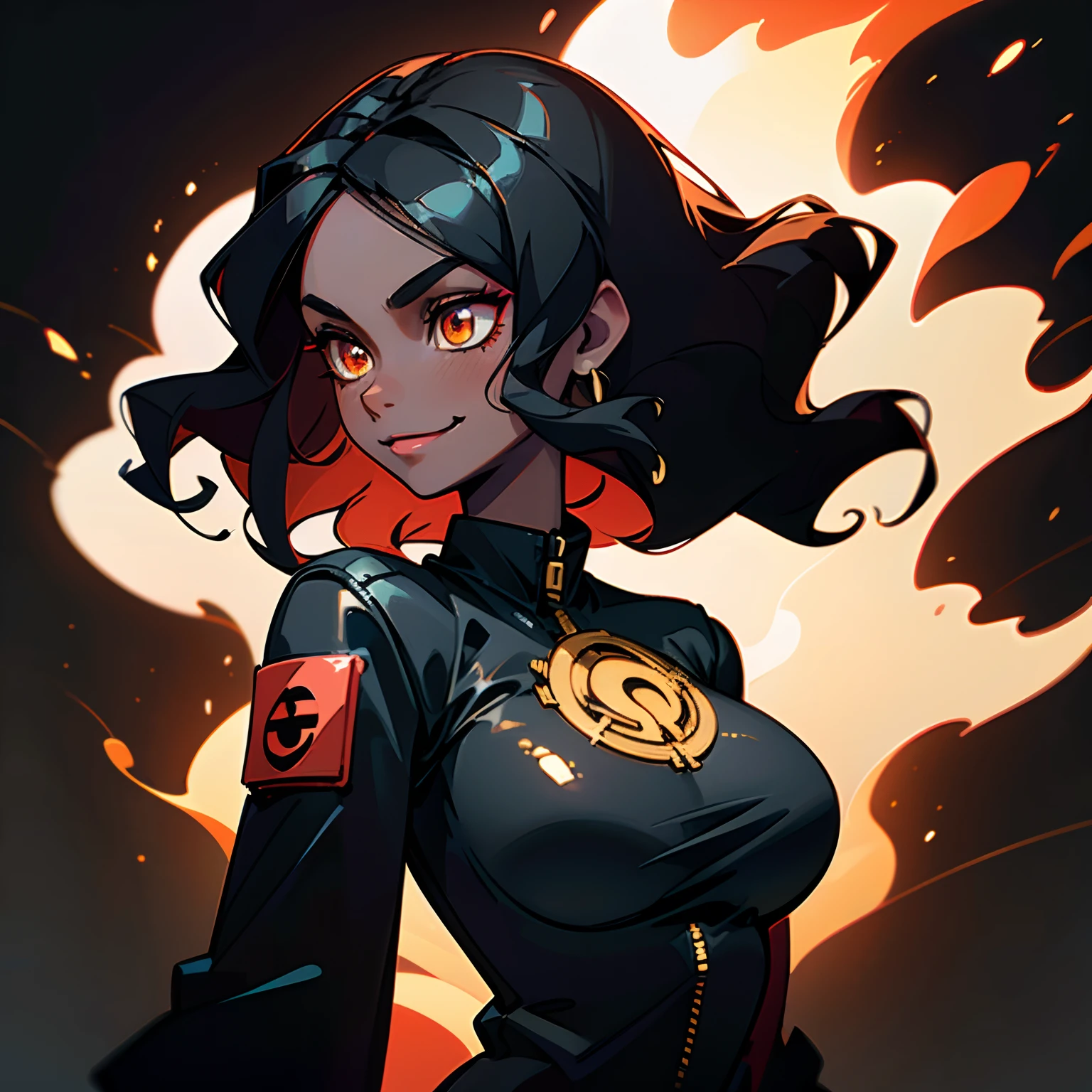 ((solo character)), 1 young adult woman, cocky smile, shiny golden eyes, (big breasts), strong body, ((black woman)), (((black skin))), black jacket, red cropped t-shirt, black wavy hair, fire background, close view