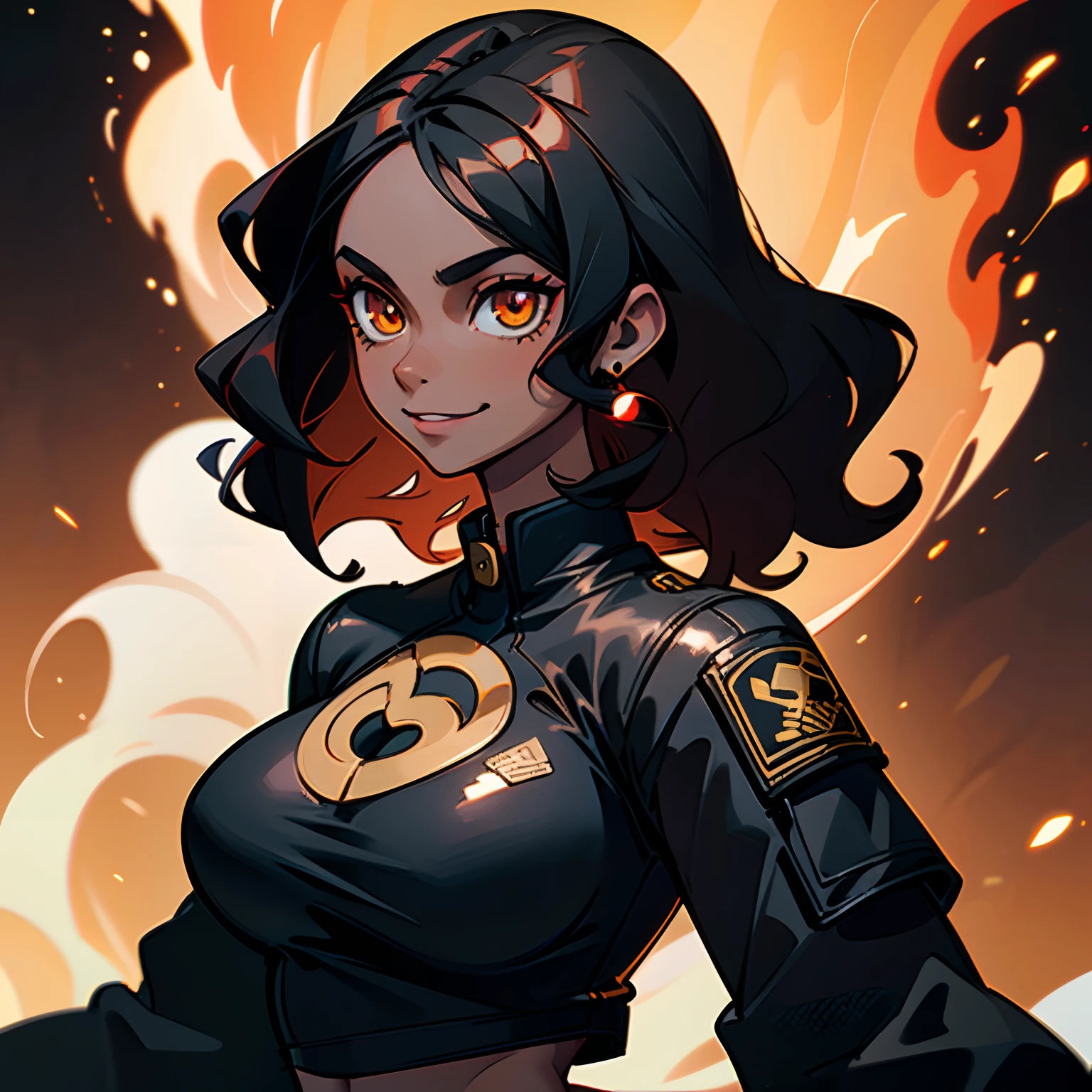 ((solo character)), 1 young adult woman, cocky smile, shiny golden eyes, (big breasts), strong body, ((black woman)), (((black skin))), black jacket, red cropped t-shirt, black wavy hair, fire background, close view
