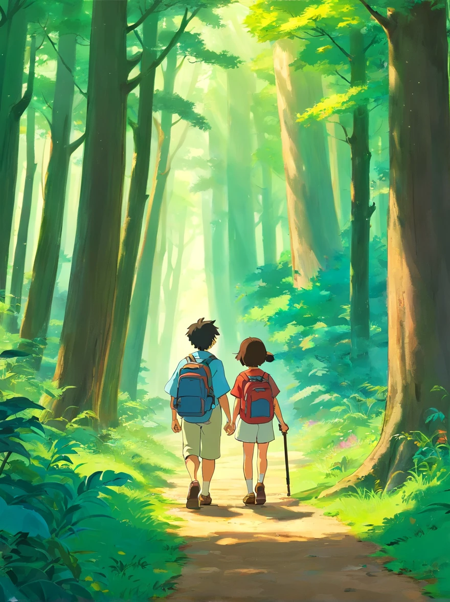 （Design a poster）A father and  boy , Walk through the magical forest,  Bring a hiking bag，Hold trekking poles，There are towering trees，On a clear weekend，Dad and child decidepend quality time together。They came to a nearby park，Get ready for a special adventure