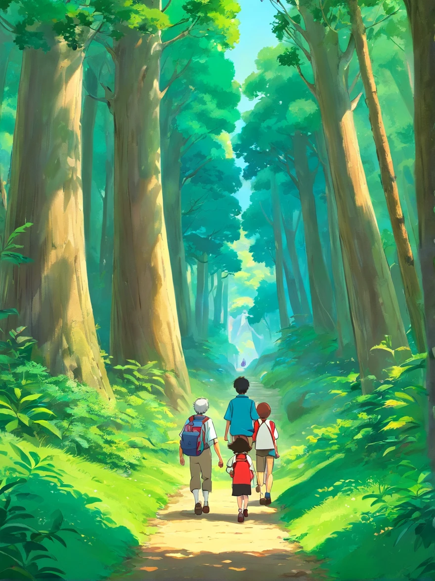 （Design a poster）A father and child little boy , Walk through the magical forest,  Bring a hiking bag，Hold trekking poles，There are towering trees，On a clear weekend，Dad and child decide to spend quality time together。They came to a nearby park，Get ready for a special adventure