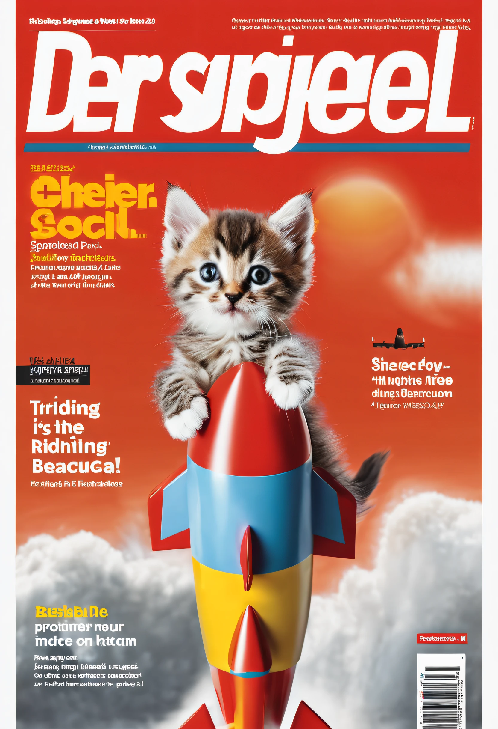 sponcoverxl, magazine front page, der spiegel, cover page, cute kitten riding on a rocket