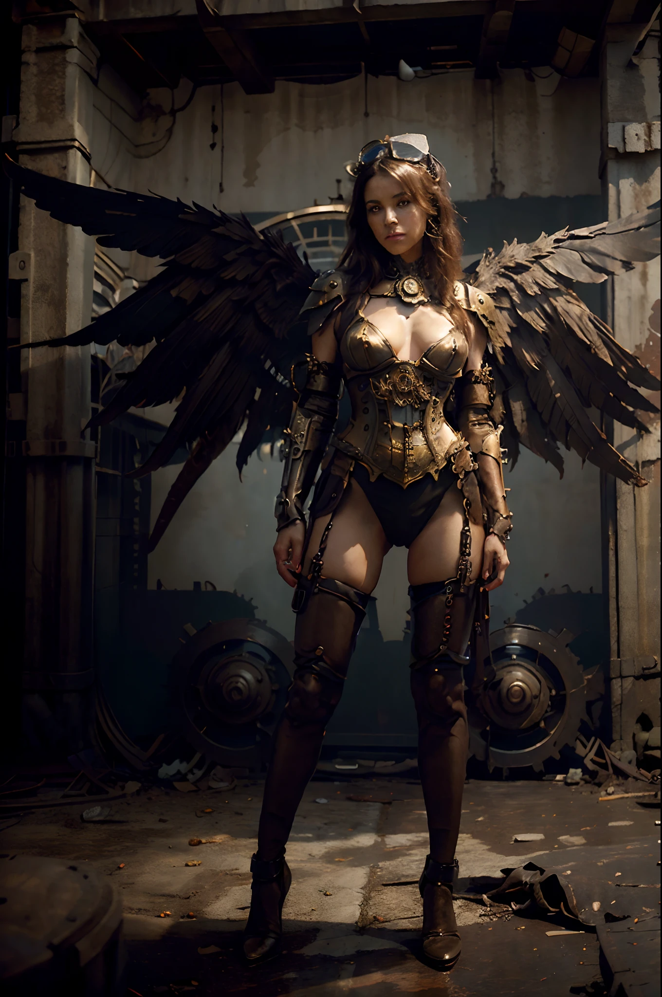 (masterpiece), (best quality), (perfect body), 1girl, steampunk, steampunk armor, mecha wings, cinematic light, full body