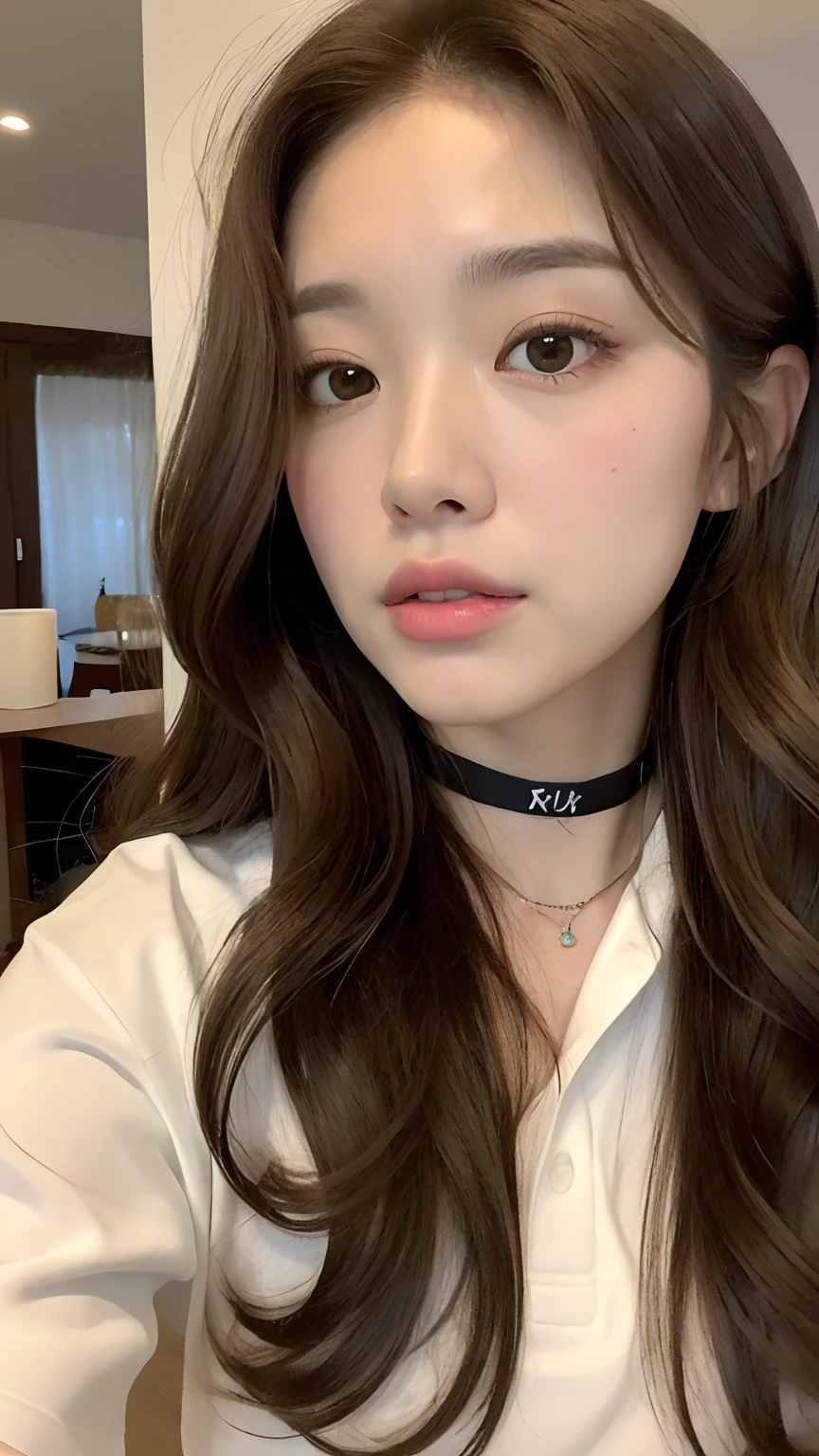 ((best qualtiy, 8K, tmasterpiece:1.3)), Focus:1.2, perfect figure beautiful woman:1.4, Cocked buttocks:1.2, ((Random Long Thick Hairstyle) ((Brown Wavy Hair In Big Curls))(Long white legs:1.3,(Polo shirt With Shorts:1.2) , (inside in room: 1.2), Highly detailed facial and skin texture, A detailed eye, 二重まぶた,Whiten skin,(Straight big breasts:1.3), looking at camera, Wear A Chocker necklace,