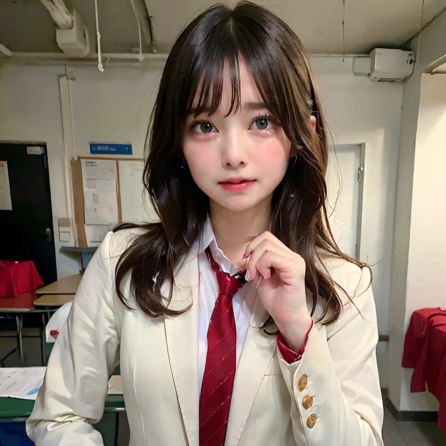 ((8K, top-quality, masterpiece, 超A high resolution, Photorealsitic:1.5)), 1girl in, Cute sexy schoolgirl is crying, Perfect dynamic composition, In the school, tilt the neck, (Cry at the sight of you:1.4), Highly detailed finger and eye and face textures:1.3, Fair skin, ((High school girl blazer uniform with red tie:1.3)), (Beautiful blue eyes, Eyes that feel beautiful eros:1,3), ((Furiously favorite expression:1.55, Crying:1.5)), (Sexy face:1.3, red blush:1.4), (A mouthfeel that feels beautiful eros:1.35, Duck mouth), (Open valley:1.1, Well-shaped big), ((((Too erotic))))