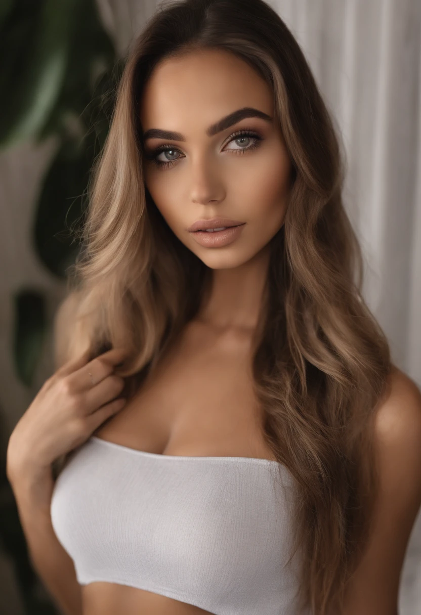 arafed woman with a white tank top and a necklace, sexy girl with light brown, portrait sophie mudd, brown hair and large eyes, super realistic, 4k, selfie of a young woman, bedroom eyes, violet myers, without makeup, natural makeup, looking directly at the camera, face with artgram, subtle makeup, cute girl, sexy pose, portrait, brunette goddess, high detail