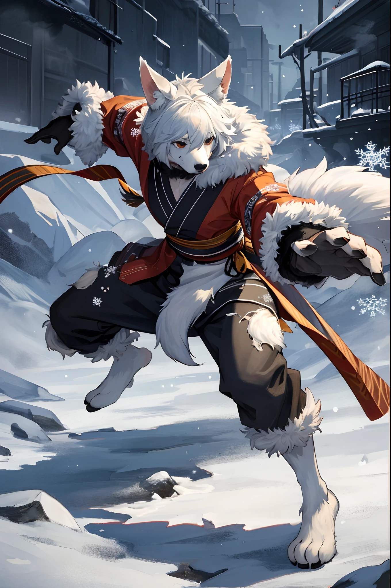 social game, unit illustration, cover_page, 1girl, solo, fighting pose, torn clothes, yukata, furry, kemono((animal body, detailed body fur))full body, post-apocalypse, snowflakes,