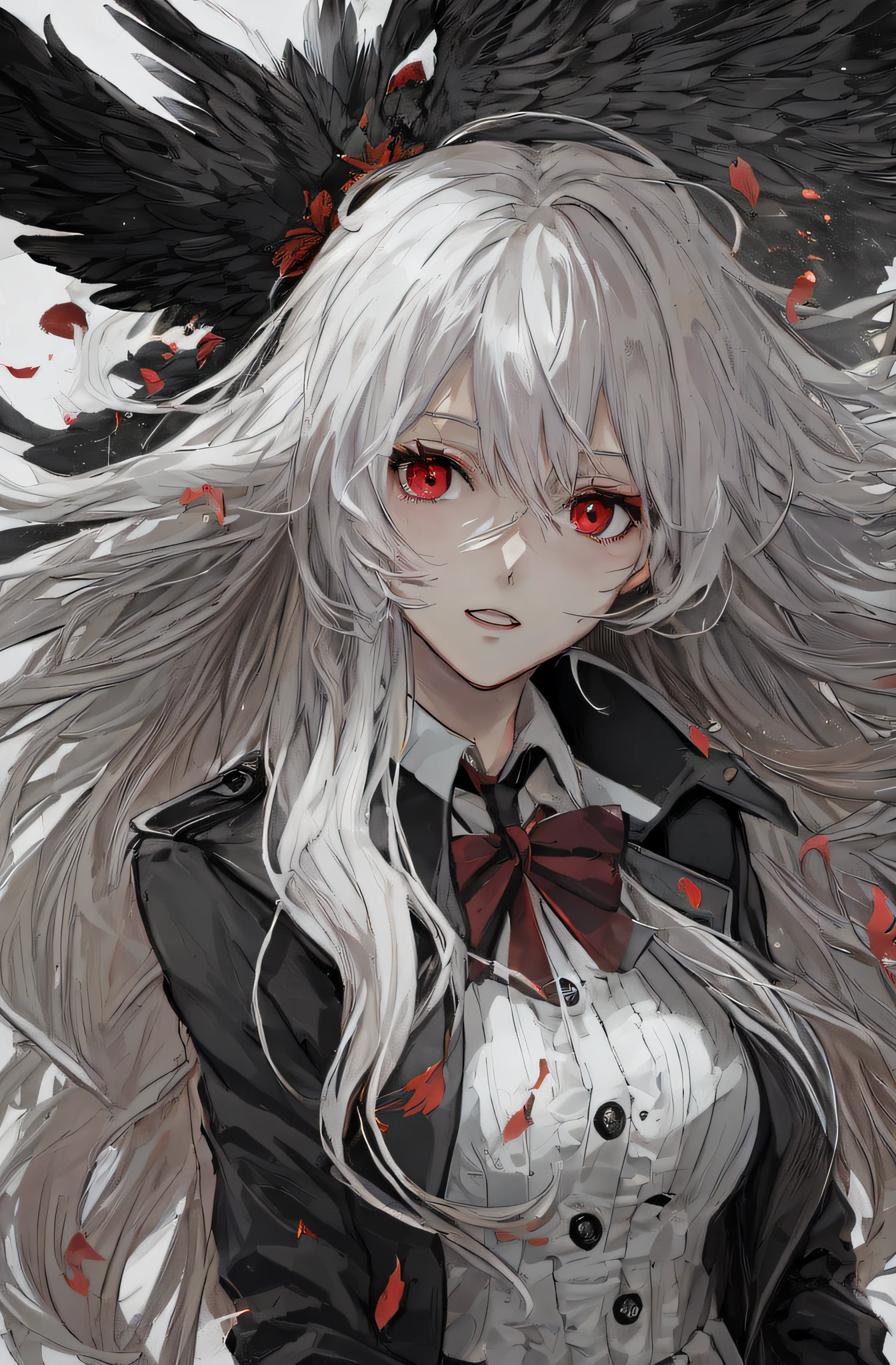 Black Phoenix，Anime shoujo，（（（solo person））），Skinny gel coat，Long black trench coat，Messy white hair，with a red eyes，Slightly helpless，amaryllis
