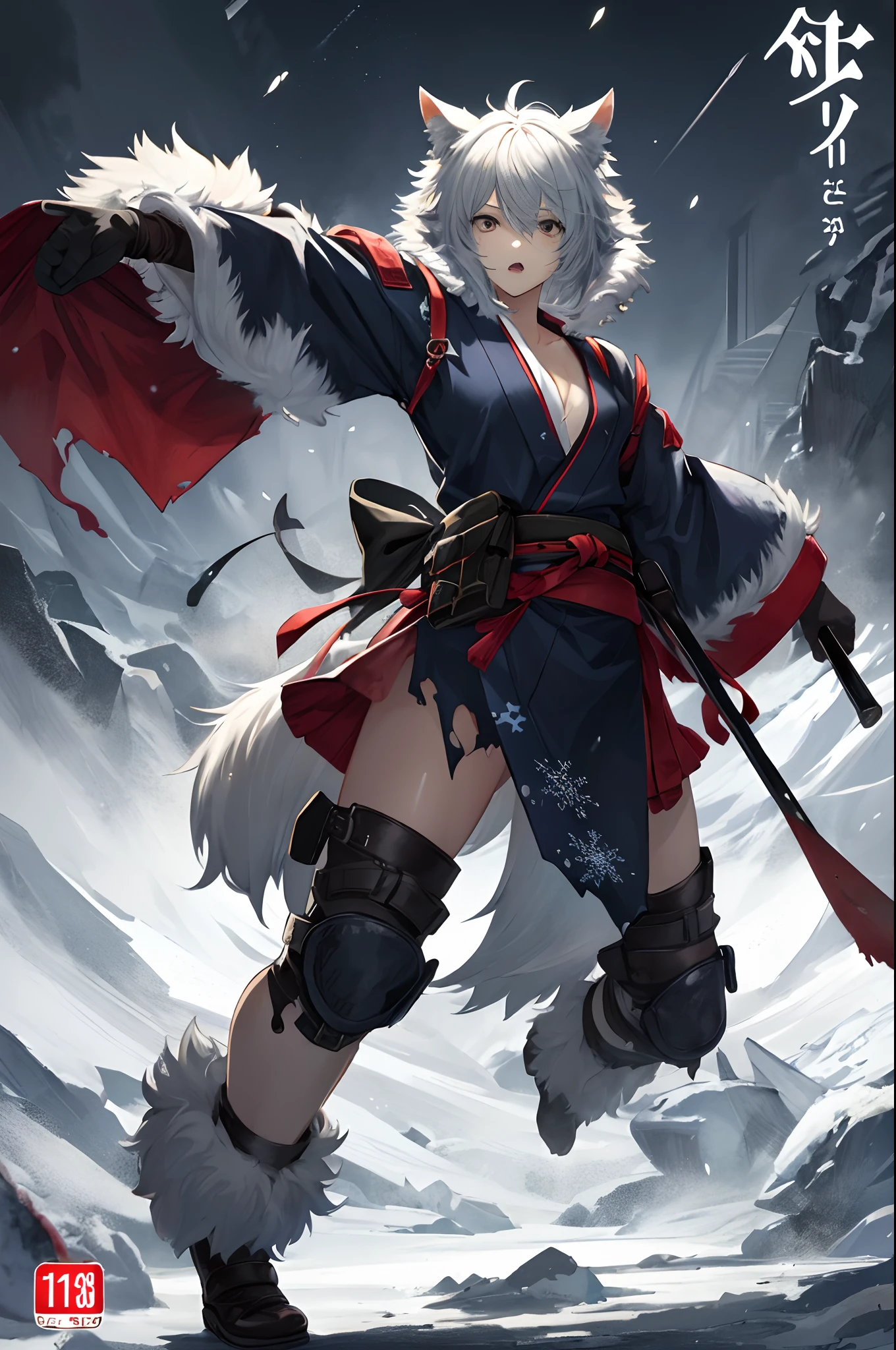 social game, unit illustration, cover_page, 1girl, solo, fighting pose, torn clothes, yukata, furry, kemono((animal body, detailed body fur))full body, post-apocalypse, snowflakes,