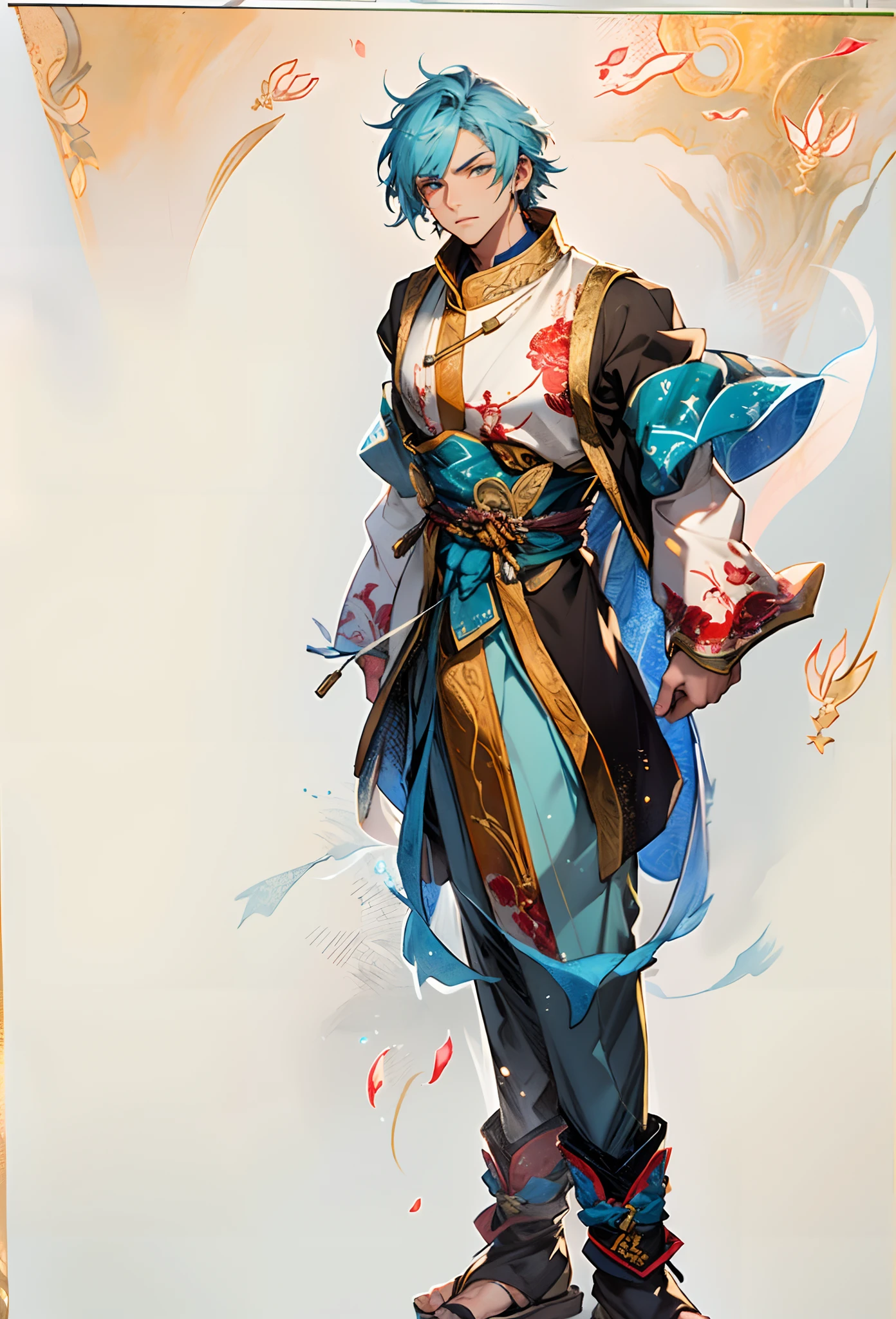 A young man with short aquamarine hair, sharp eyebrows, starry eyes, radiating a righteous aura, a two-piece fantasy wuxia-style outfit, featuring a traditional Chinese martial arts long gown, a wide overcoat, flowing sleeves, the color scheme is mainly red and white, with yellow as secondary colors, matching trousers, sturdy cloth boots, the background depicts a dreamy pattern of geometric symbols and stars, this character embodies a finely crafted fantasy-style Chinese martial hero in anime style, characterized by an exquisite and mature manga illustration art style, full body character drawing, high definition, best quality, highres, ultra-detailed, ultra-fine painting, extremely delicate, professional, anatomically correct, symmetrical face, extremely detailed eyes and face, high quality eyes, creativity, RAW photo, UHD, 8k, Natural light, cinematic lighting, masterpiece:1.5