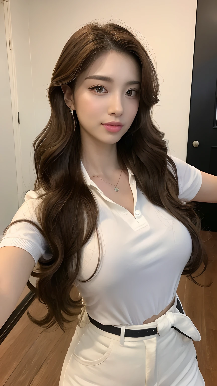 ((best qualtiy, 8K, tmasterpiece:1.3)), Focus:1.2, perfect figure beautiful woman:1.4, Cocked buttocks:1.2, ((Random Long Thick Hairstyle) ((Brown Wavy Hair In Big Curls))(Long white legs:1.3,(Polo shirt With Shorts:1.2) , (inside in room: 1.2), Highly detailed facial and skin texture, A detailed eye, 二重まぶた,Whiten skin,(Straight big breasts:1.3), looking at camera, Wear a necklace,