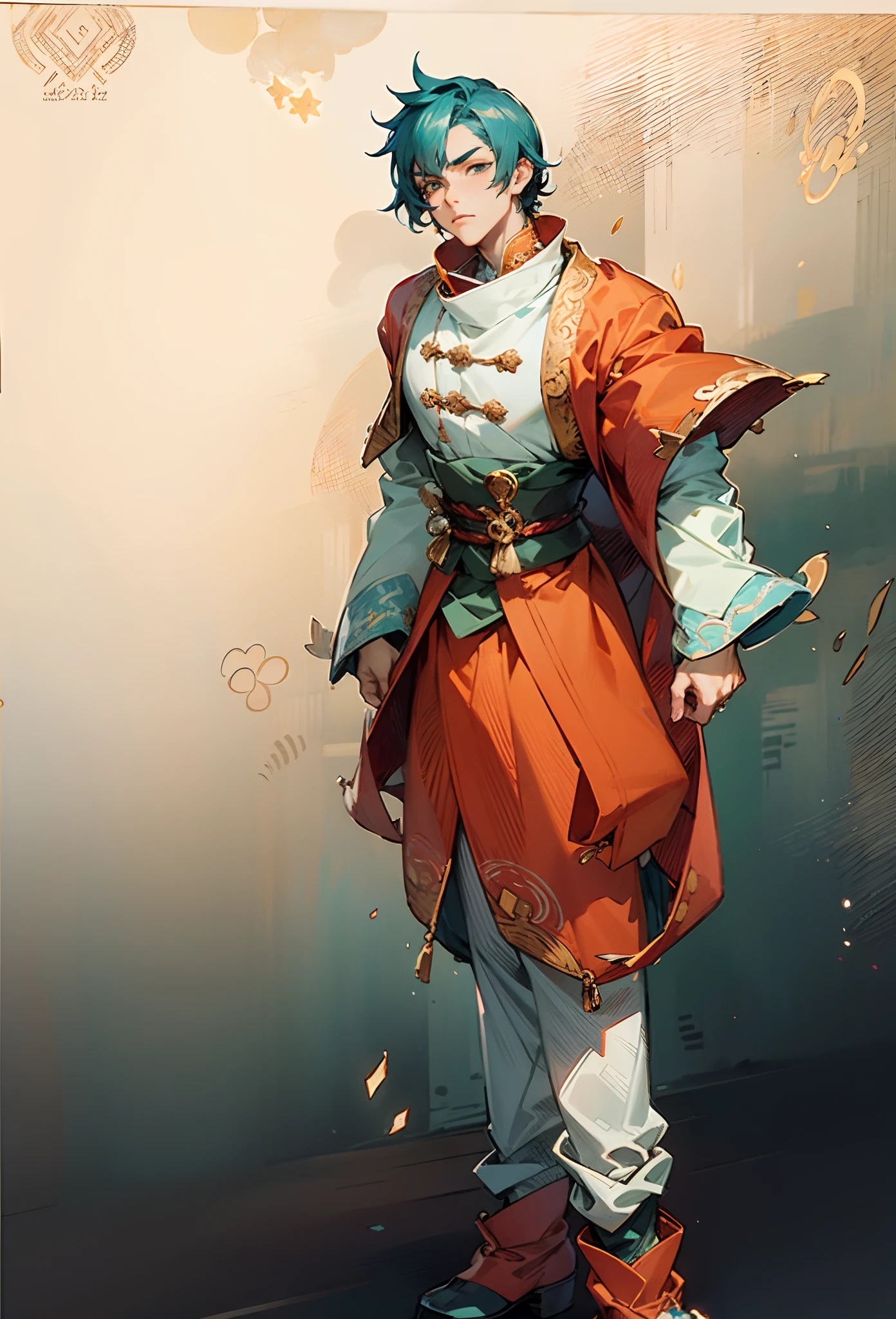 A young man with short aquamarine hair, sharp eyebrows, starry eyes, radiating a righteous aura, a two-piece fantasy wuxia-style outfit, featuring a traditional Chinese martial arts long gown, a wide overcoat, flowing sleeves, the color scheme is mainly red and white, with yellow as secondary colors, matching trousers, sturdy cloth boots, the background depicts a dreamy pattern of geometric symbols and stars, this character embodies a finely crafted fantasy-style Chinese martial hero in anime style, characterized by an exquisite and mature manga illustration art style, full body character drawing, high definition, best quality, highres, ultra-detailed, ultra-fine painting, extremely delicate, professional, anatomically correct, symmetrical face, extremely detailed eyes and face, high quality eyes, creativity, RAW photo, UHD, 8k, Natural light, cinematic lighting, masterpiece:1.5