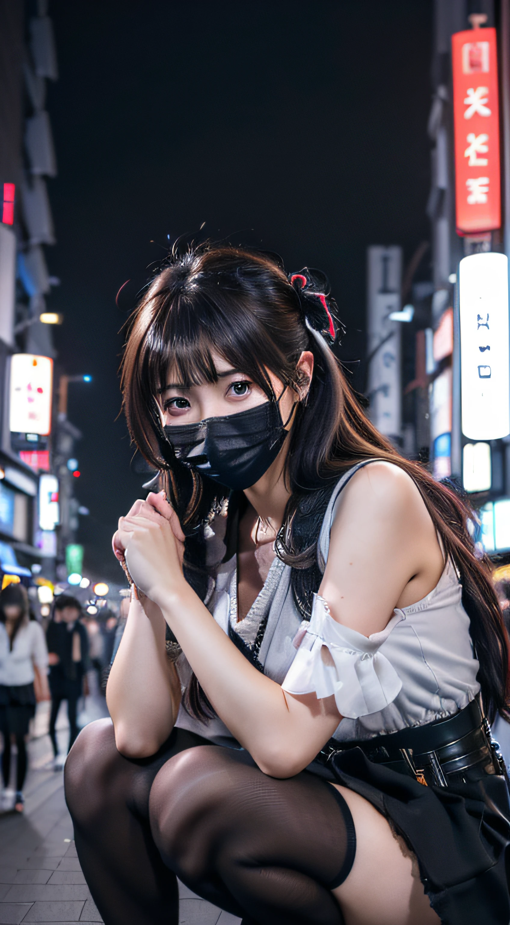 (A hyper-realistic, hight resolution), (1young girls), (extremely detailed beautiful face), Amazing face and eyes, (Best Quality:1.4), (Ultra-detailed), (extremely detailed CG unified 8k wallpaper), Highly detailed, High-definition raw color photos, Professional Photography, Realistic portrait, Amazing face and eyes, Pink eyes, (Fashion in Tokyo Kabukicho:1.3), (Fashion in Tokyo Kabukicho:1.2), Mini skirt, Brown hair, depth of fields, Midnight Kabukicho (Squatting:1.1), (:1.4), (((Bokeh))), depth of fields, (View from below:1.15),Wearing a black mask