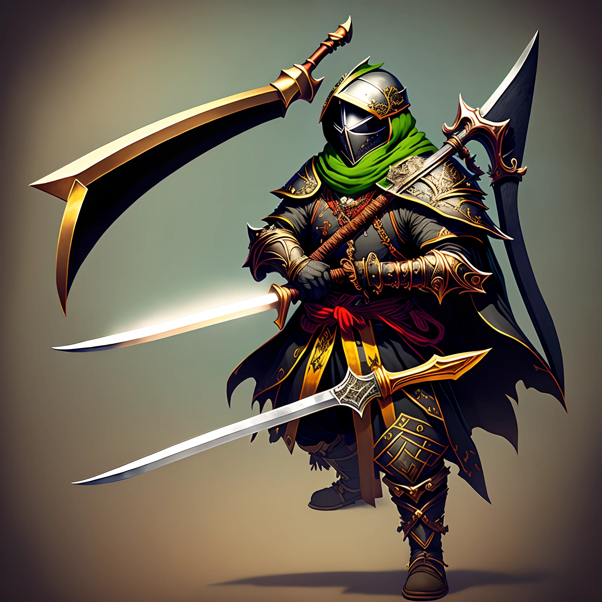 Um homem com uma armadura medieval verde com cores de melancia, segurando uma espada verde a large black and gold axe on a pole, halberd, polearm glaive, fantasy weapon, glaive, long detailed ornate scythe, dwarven weapon, war blade weapon, fantasy scythe, black iron sword, anomander rake, epic fantasy weapon art, huge scythe, holds a black sword, fantasy sword of warrior, medievil spear