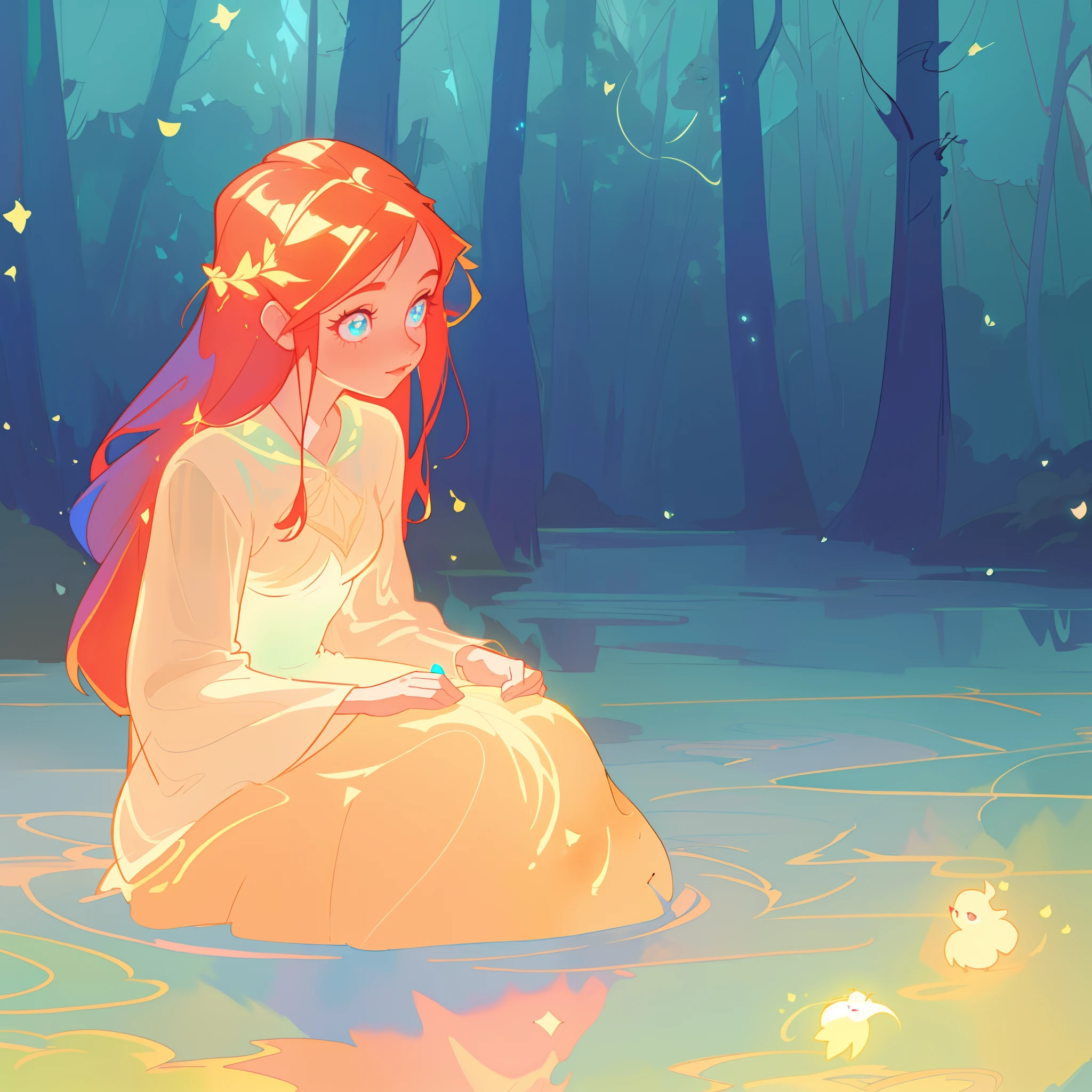beautiful girl in simple white dress, long red hair, forest background, beautiful girl sitting in a river, forest landscape, nature, beautiful girl, beautiful face, vibrant pastel colors, (colorful), magical lights, sparkling lines of light, inspired by Glen Keane, inspired by Lois van Baarle, disney art style, by Lois van Baarle, glowing aura around her, by Glen Keane, jen bartel, glowing lights! digital painting, flowing glowing hair, glowing flowing hair, beautiful digital illustration, fantasia background, whimsical, magical, fantasy, beautiful face, ((masterpiece, best quality)), intricate details, highly detailed, sharp focus, 8k resolution, sparkling detailed eyes, liquid watercolor