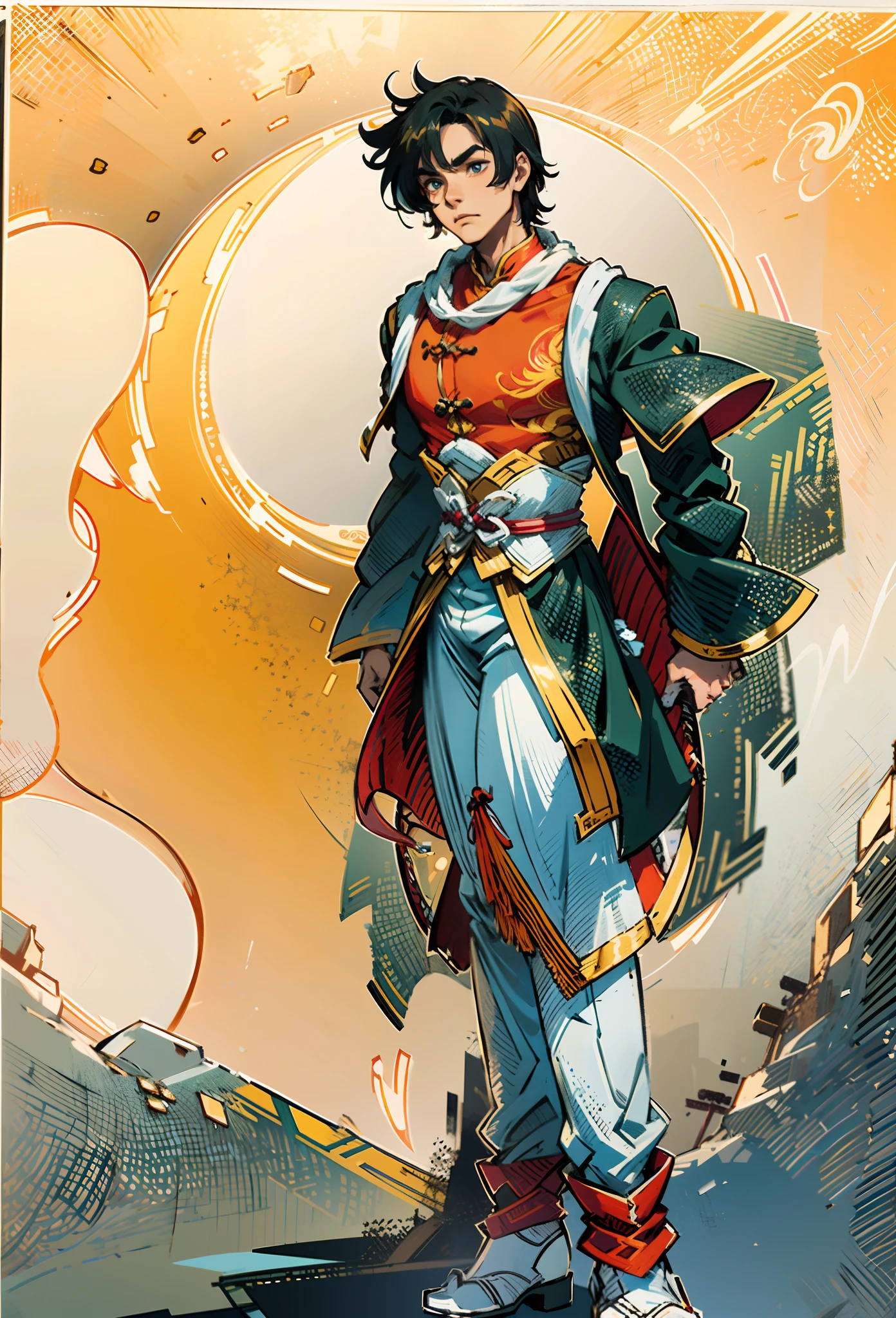 A young man with short aquamarine hair, sharp eyebrows, starry eyes, radiating a righteous aura, a two-piece fantasy wuxia-style outfit, featuring a traditional Chinese martial arts long gown, a wide overcoat, flowing sleeves, the color scheme is mainly red and white, with yellow as secondary colors, matching trousers, sturdy cloth boots, the background depicts a dreamy pattern of geometric symbols and stars, this character embodies a finely crafted fantasy-style Chinese martial hero in anime style, characterized by an exquisite and mature manga illustration art style, full body character drawing, high definition, best quality, highres, ultra-detailed, ultra-fine painting, extremely delicate, professional, anatomically correct, symmetrical face, extremely detailed eyes and face, high quality eyes, creativity, RAW photo, UHD, 8k, Natural light, cinematic lighting, masterpiece:1.5