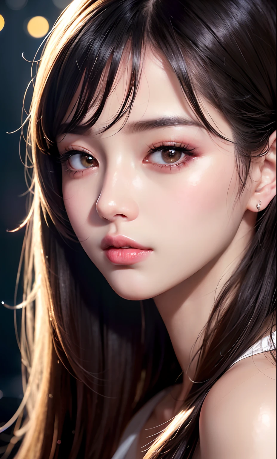 (8k, RAW Photo, Photorealistic: 1.25), (Lip Gloss, Eyelashes, Glossy Face, Glossy Skin, Best Quality, Ultra High Definition, Depth of Field, Chromatic Aberration, Caustics, Wide Light, Natural Shading, Kpop Idol ) looks at the viewer with serene and god-like happiness,