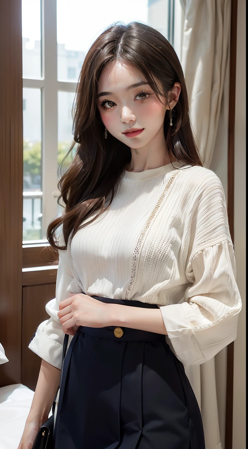 tmasterpiece、Top image quality:1.2、((beautiful young woman with))、Transparent skin:1.2、{A slight smil}、(kawaii)、Knit with short sleeves、luxury hotel、depth of fields