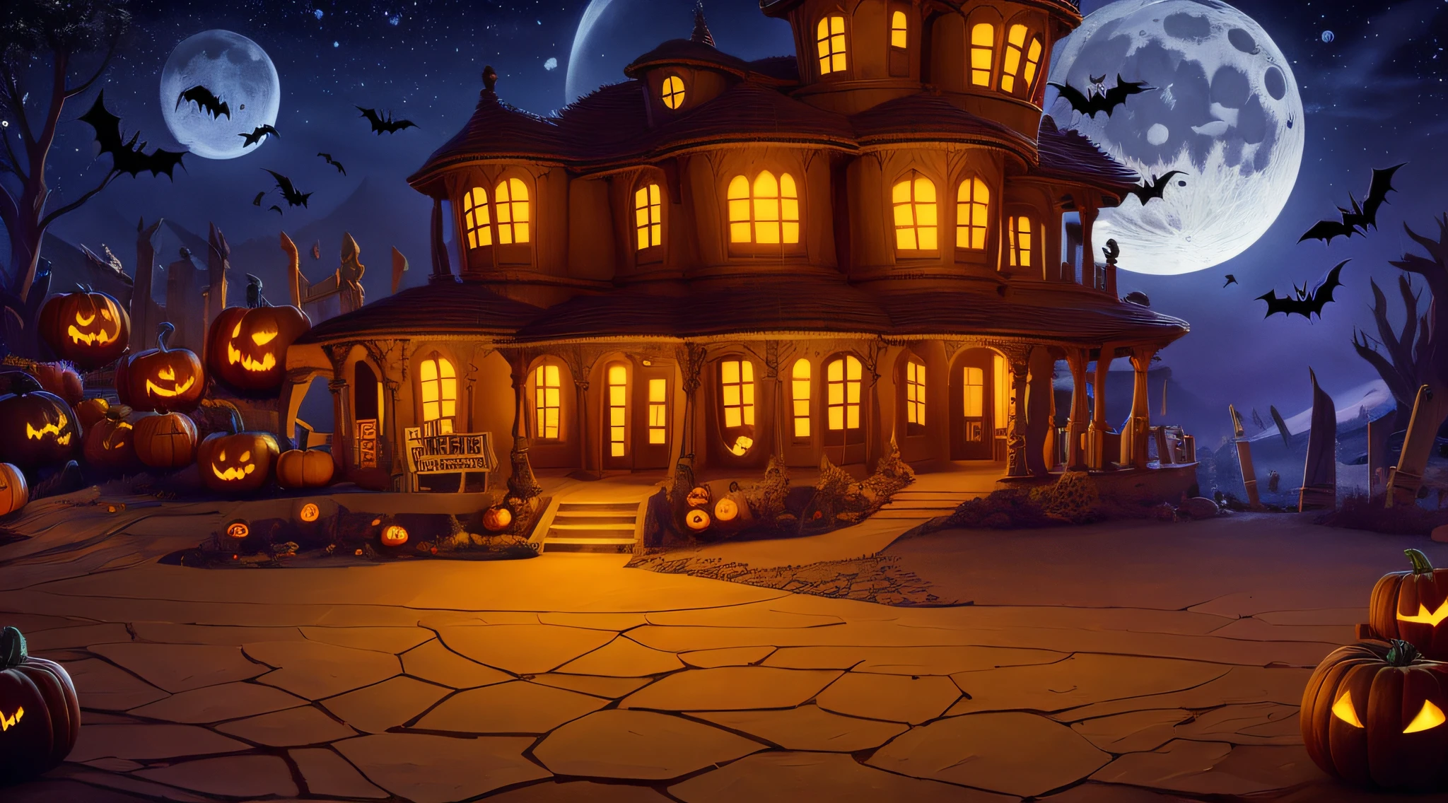 Halloween scene with moon, pumpkin, woodwork, bats in night sky