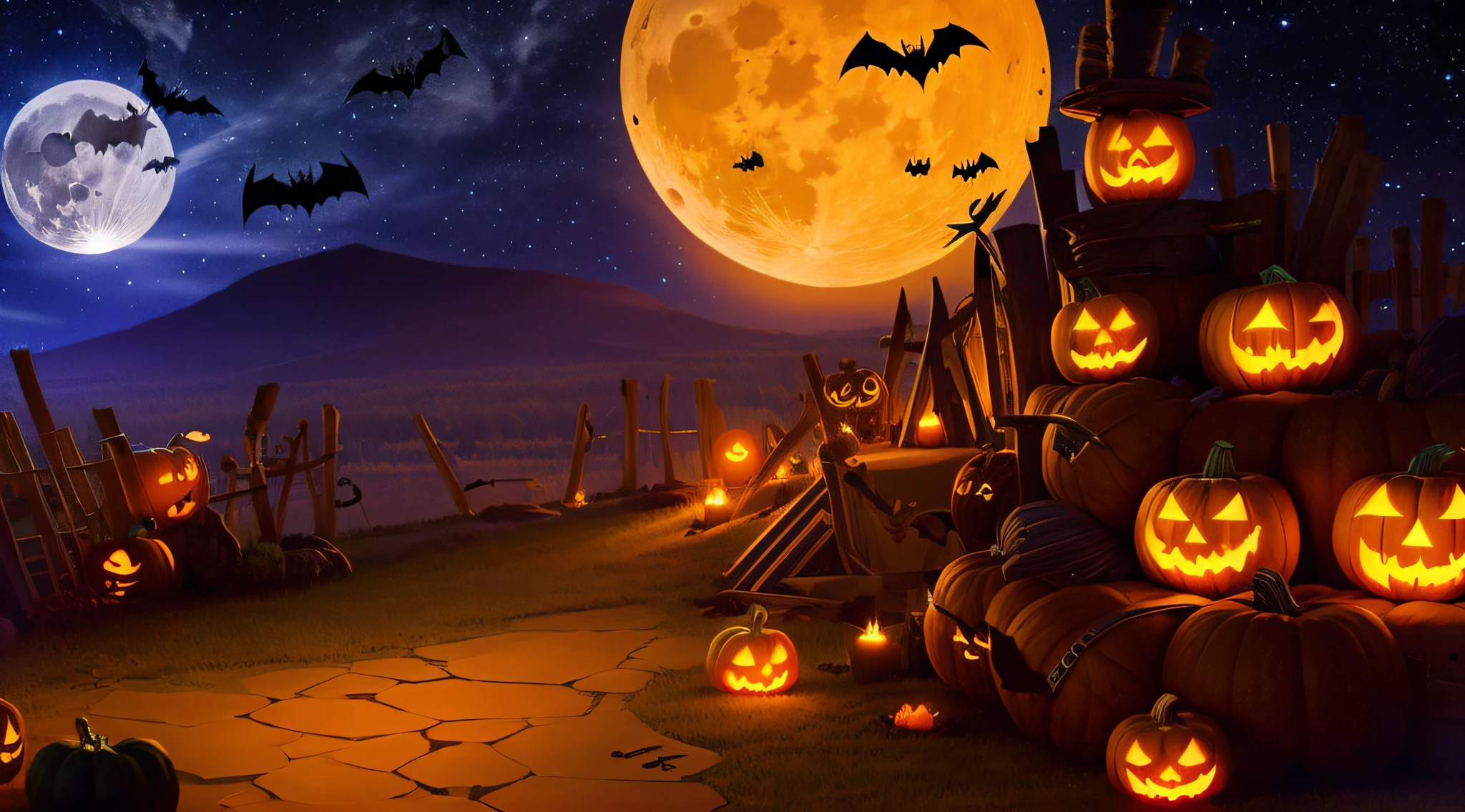 Halloween scene with moon, pumpkin, woodwork, bats in night sky