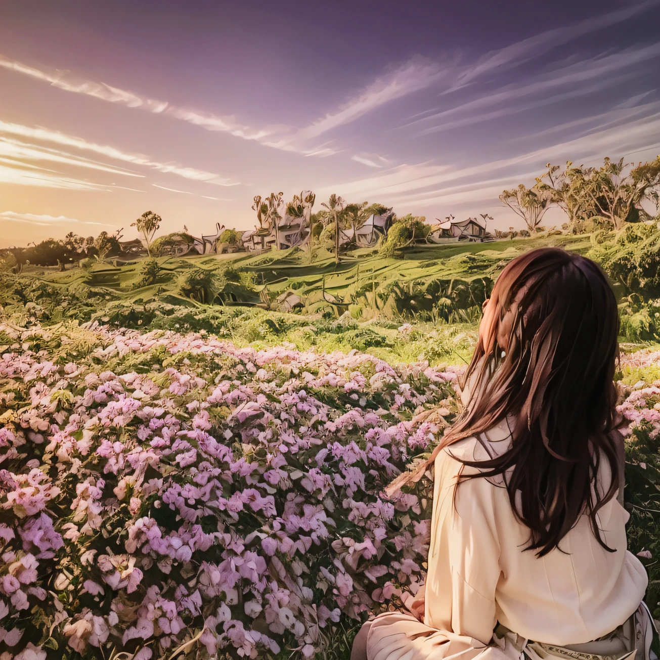 Aravi sits in a purple flower field，The background is a kite, with flower fields as foreground, girl sitting in a flower field, standing in flower field, standing in flower field, Girl in a flower field, girl standing in flower field, sitting in a field of flowers, an aesthetic field of flowers, flower  field, Beautiful image