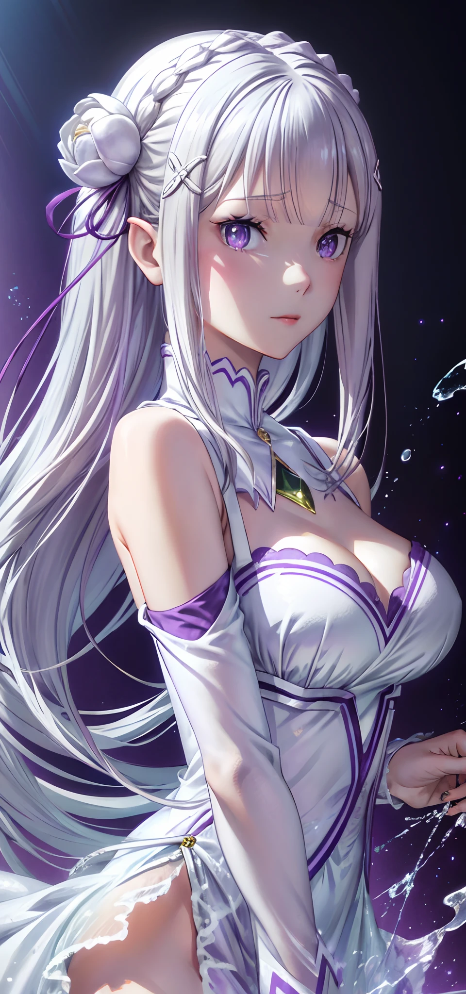 (Masterpiece, Best quality:1.2), 8K, 85mm, RAW photo, absurderes, White and purple theme, (liquid clothes, Liquid dress:1.4), White hair, purple eyes, x hair ornament, white rose in hair, Emilia re:zero, gradient dress, braid in hair, long hair, Delicate girl, full body, close-up face, Shiny skin, Married Woman, view the viewer, hdr, Sharp focus, Particle, twilight sky, Detailed eyes and face, White hair, Simple background，nakeness, medium bosom，Bare lower body，Bare breasts