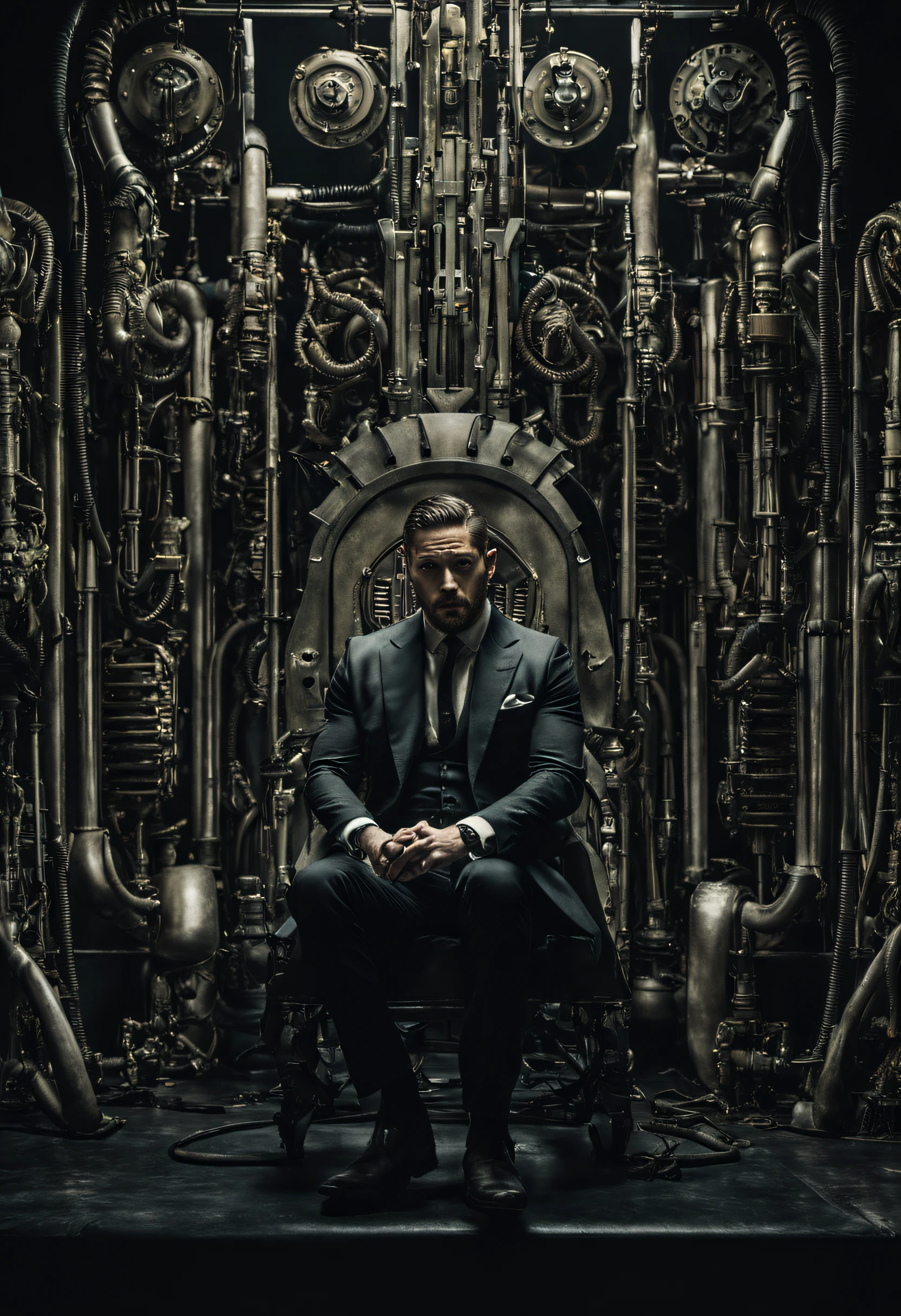 Tom Hardy takes on the role of a cyberpunk freak show director, orchestrating an extravagant display of biomechanical oddities, inspired by H.R. Giger. Amidst eerie, dimly lit chambers, his creaturesâhalf-human, half-machineâdazzle spectators with a terrifying and entrancing fusion of the organic and mechanical.