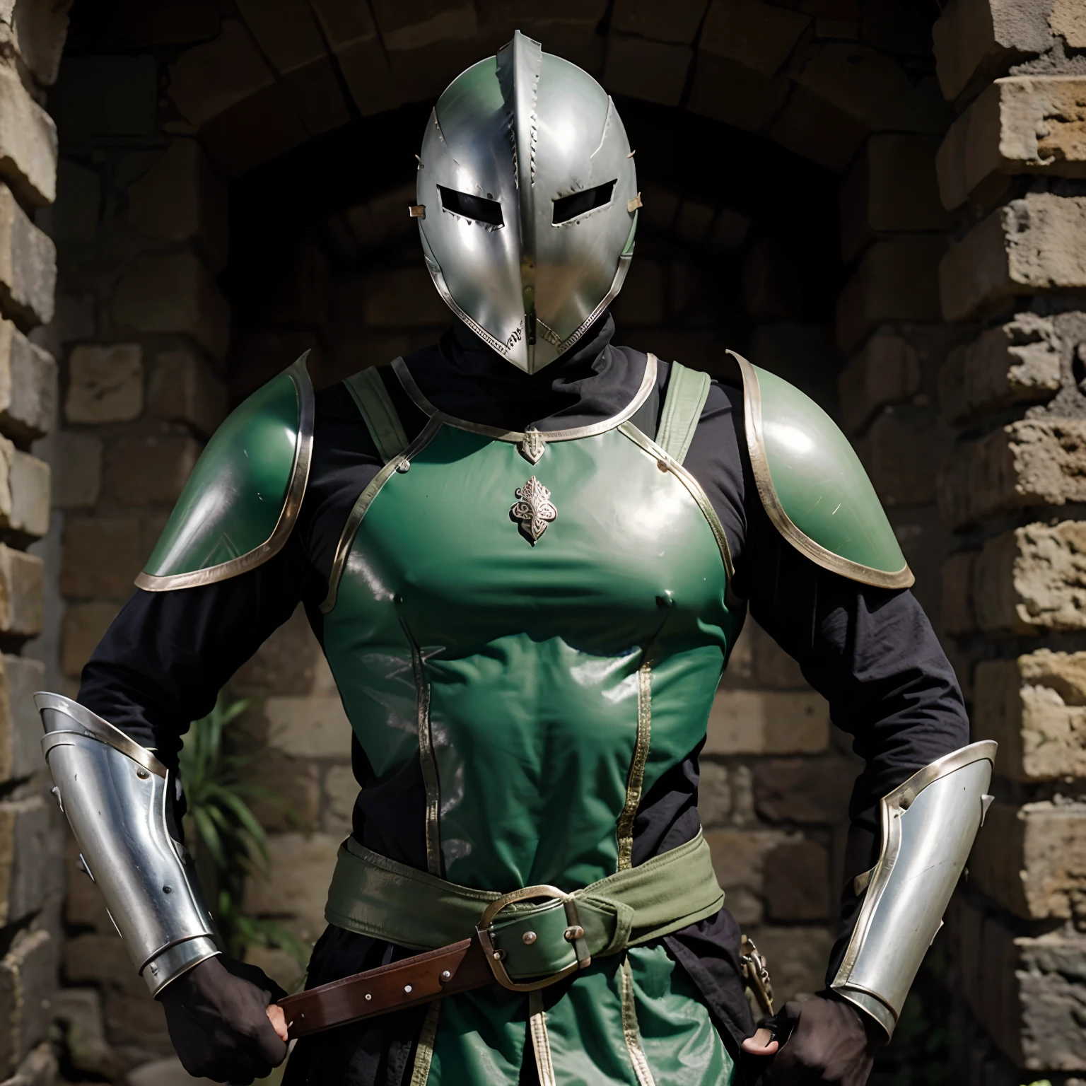Um homem com uma armadura medieval verde com cores de melancia, segurando uma espada verde
