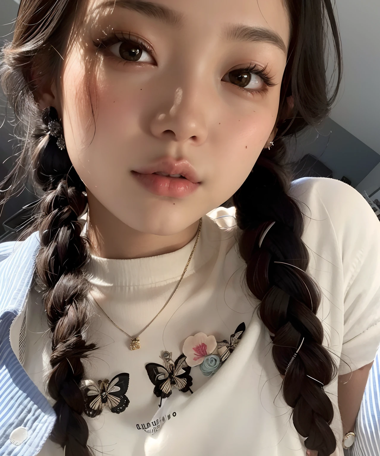 um close up de uma jovem de cabelos compridos vestindo uma camisa branca, Hairstyle Braids, Two Hairstyles Braids, com rabo-de-porco preto, Kimi Takemura, Ulzzang, jennie blackpink, plaits, gemma chen, aesthetic cute with flutter, pigtail braids, Shiori Teshirogi, Cabelo de rabo de porco, Jaeyeon Nam, TaeJune Kim